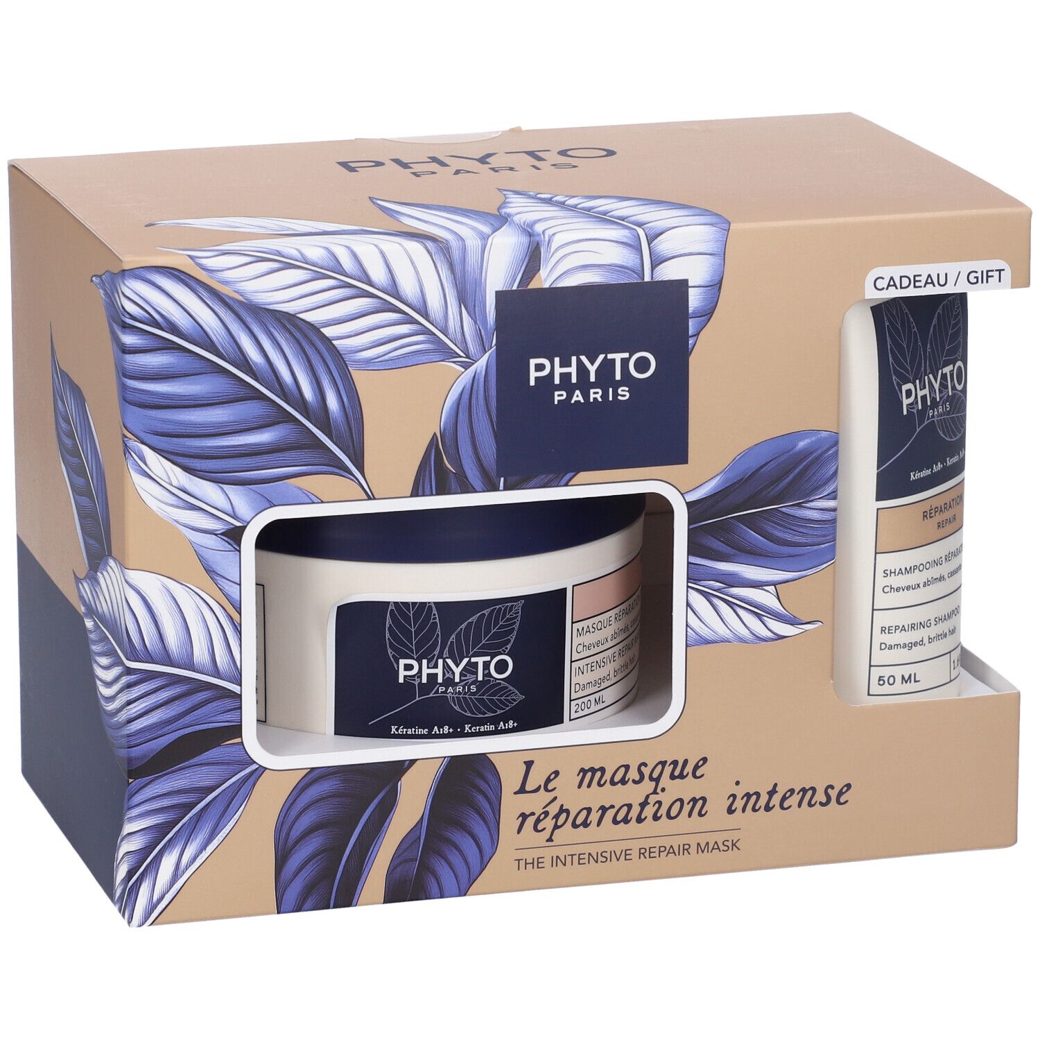 Geschenkset mit Shampoo und Haarmaske. Karton mit Produktabbildung und Markenlogo. Enthält zwei Produkte.
