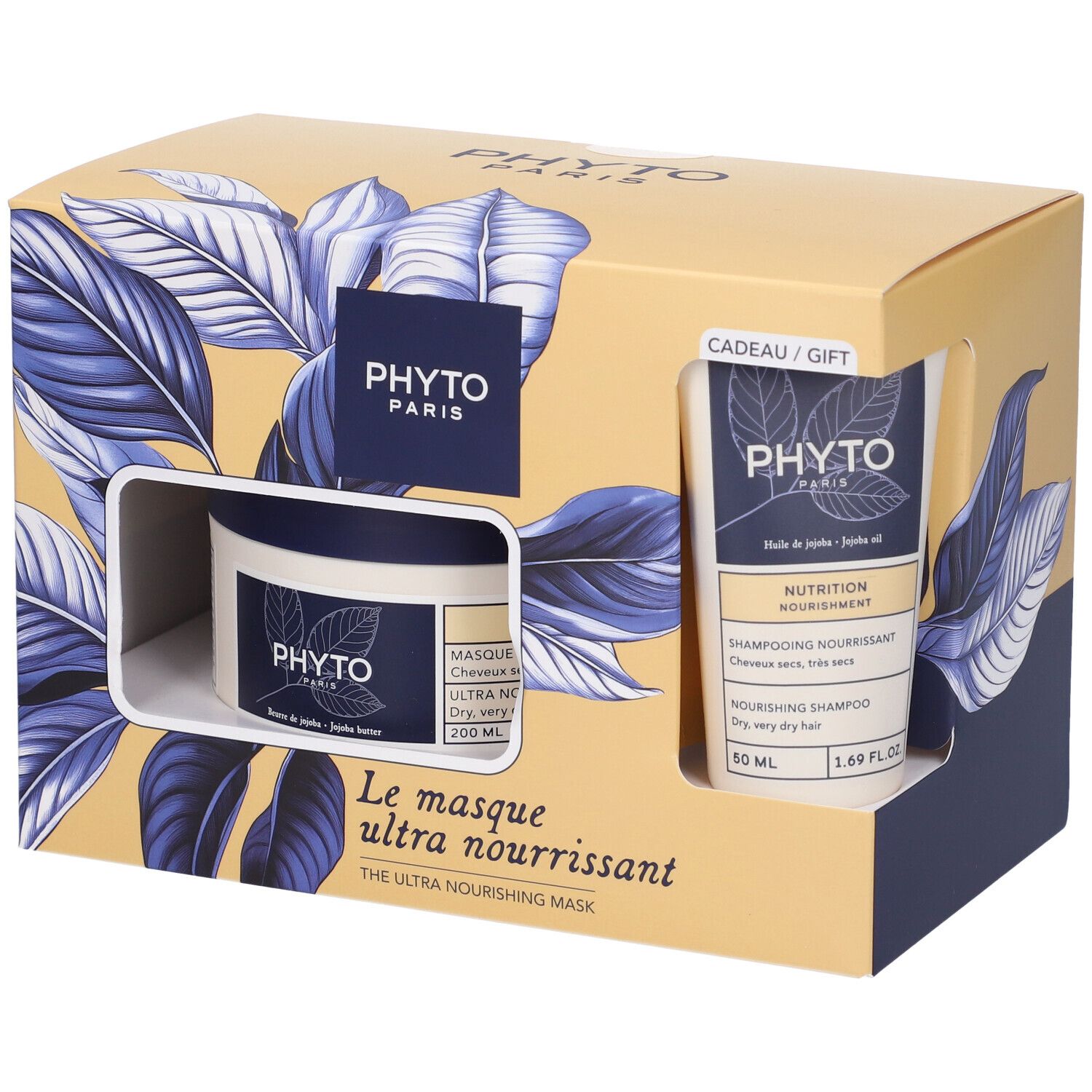 Geschenkset mit Shampoo und Haarmaske. Karton mit Produktabbildung und Markenlogo. Blaue und gelbe Farbkombination.