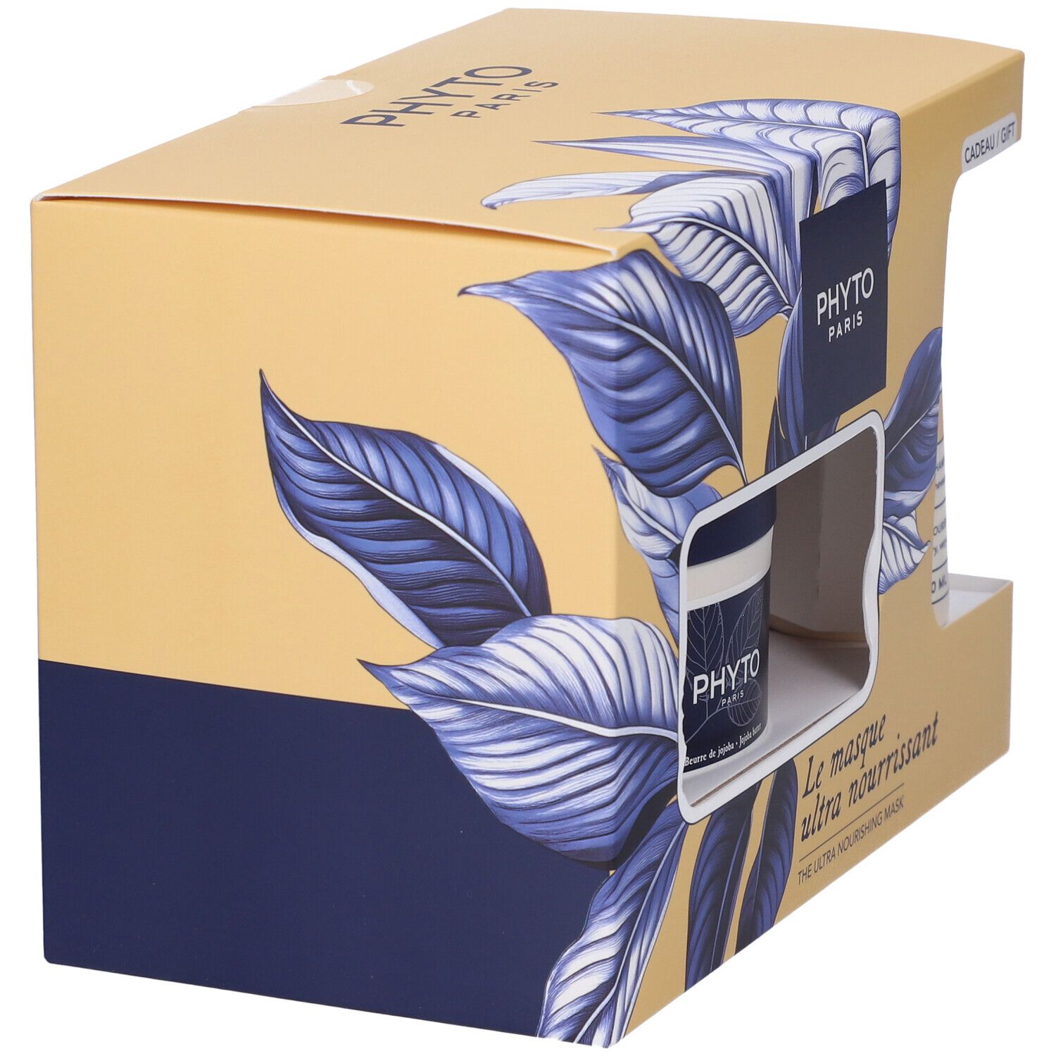 Geschenkset mit Shampoo und Haarmaske. Karton mit Produktabbildung und Markenlogo. Blaue und gelbe Farbkombination.