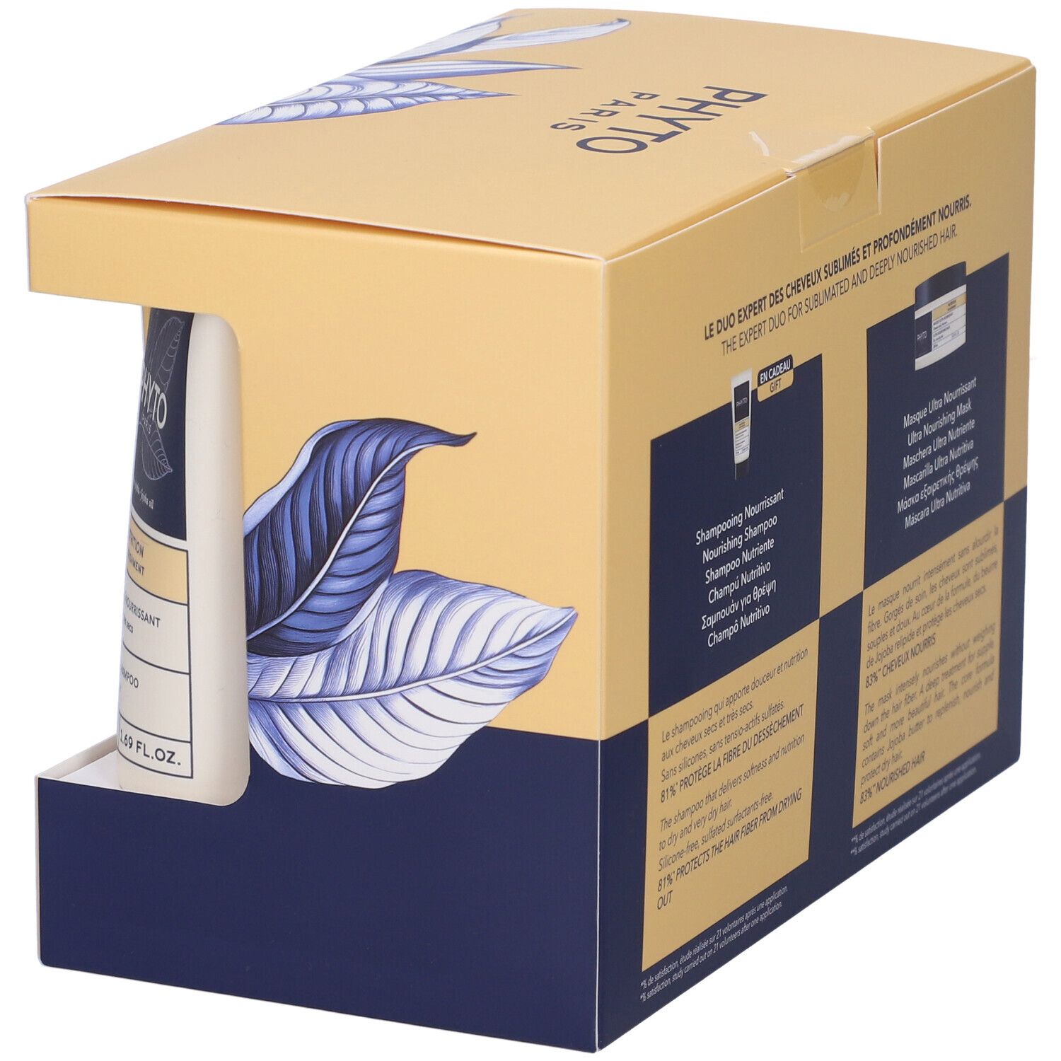 Geschenkset mit Shampoo und Haarmaske. Karton mit Produktabbildung und Markenlogo. Blaue und gelbe Farbkombination.