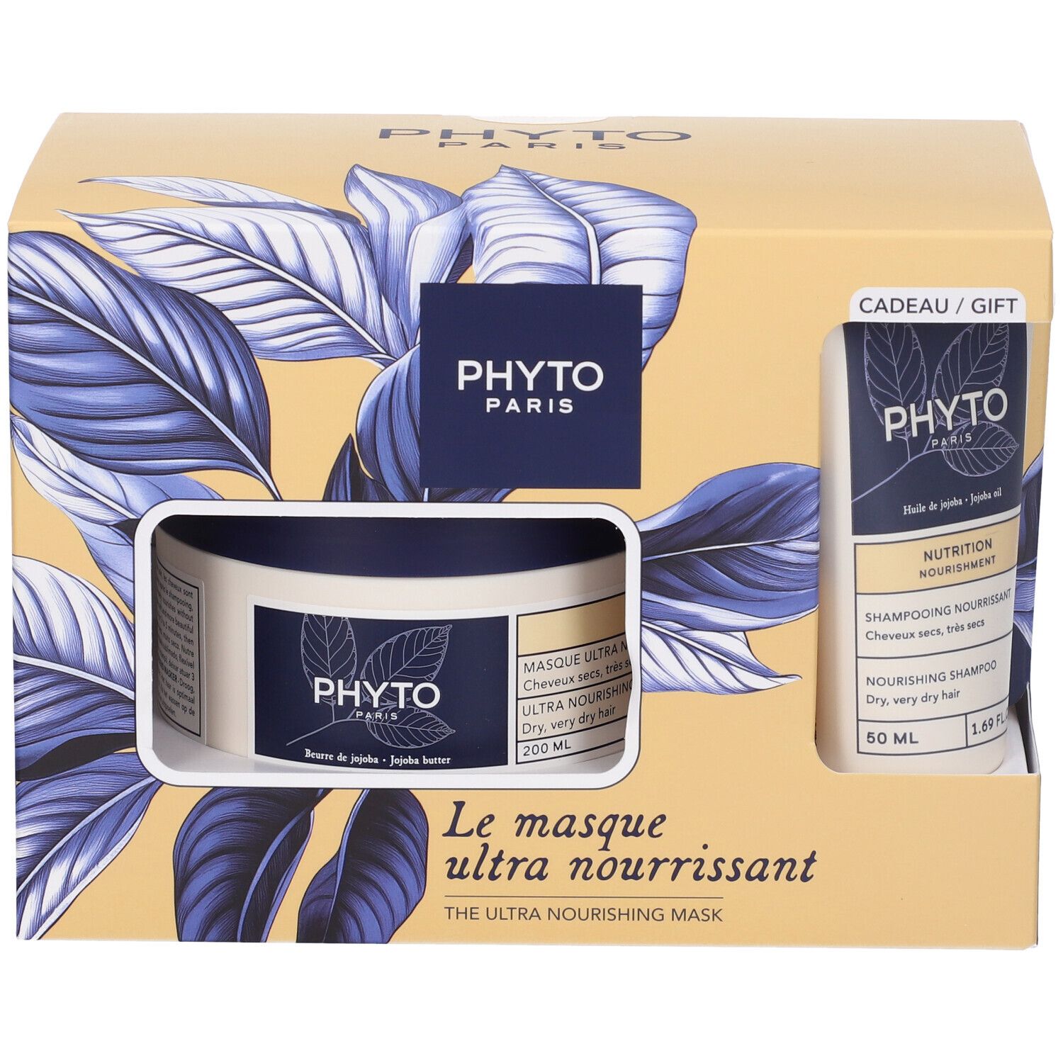 Geschenkset mit Shampoo und Haarmaske. Karton mit Produktabbildung und Markenlogo. Blaue und gelbe Farbkombination.