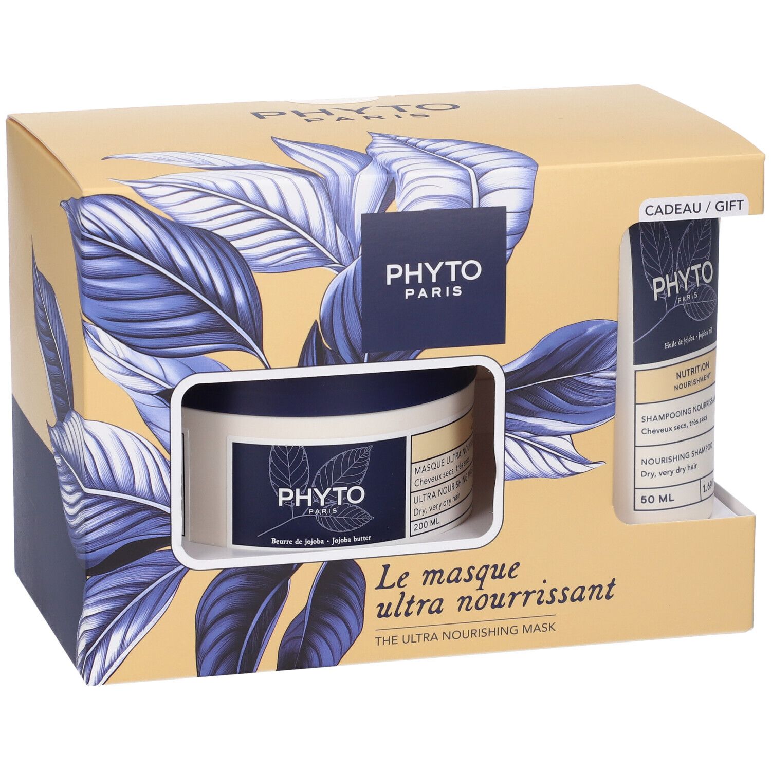 Geschenkset mit Shampoo und Haarmaske. Karton mit Produktabbildung und Markenlogo. Blaue und gelbe Farbkombination.