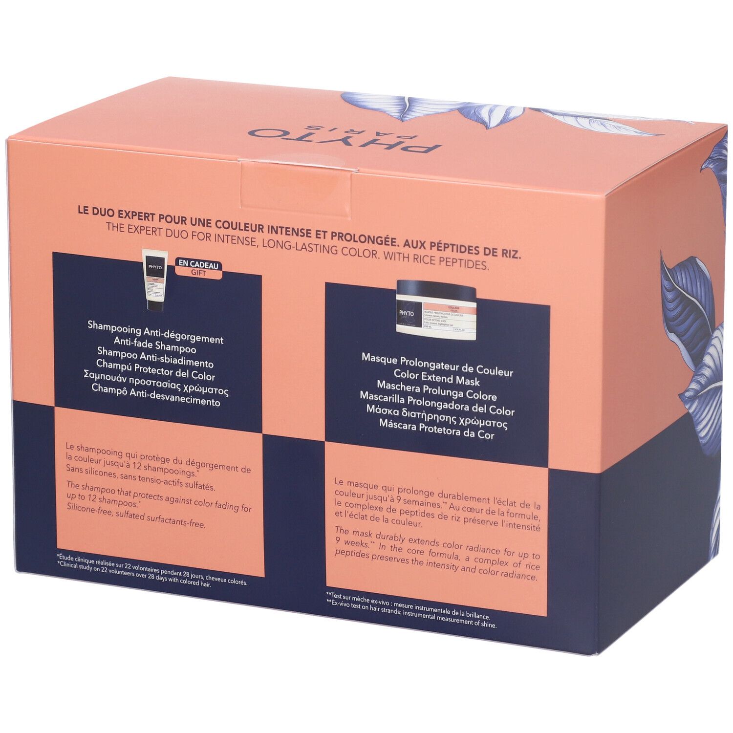 Rückseite der Geschenkbox. Produktinformationen in verschiedenen Sprachen. Rosa und blaue Verpackung.