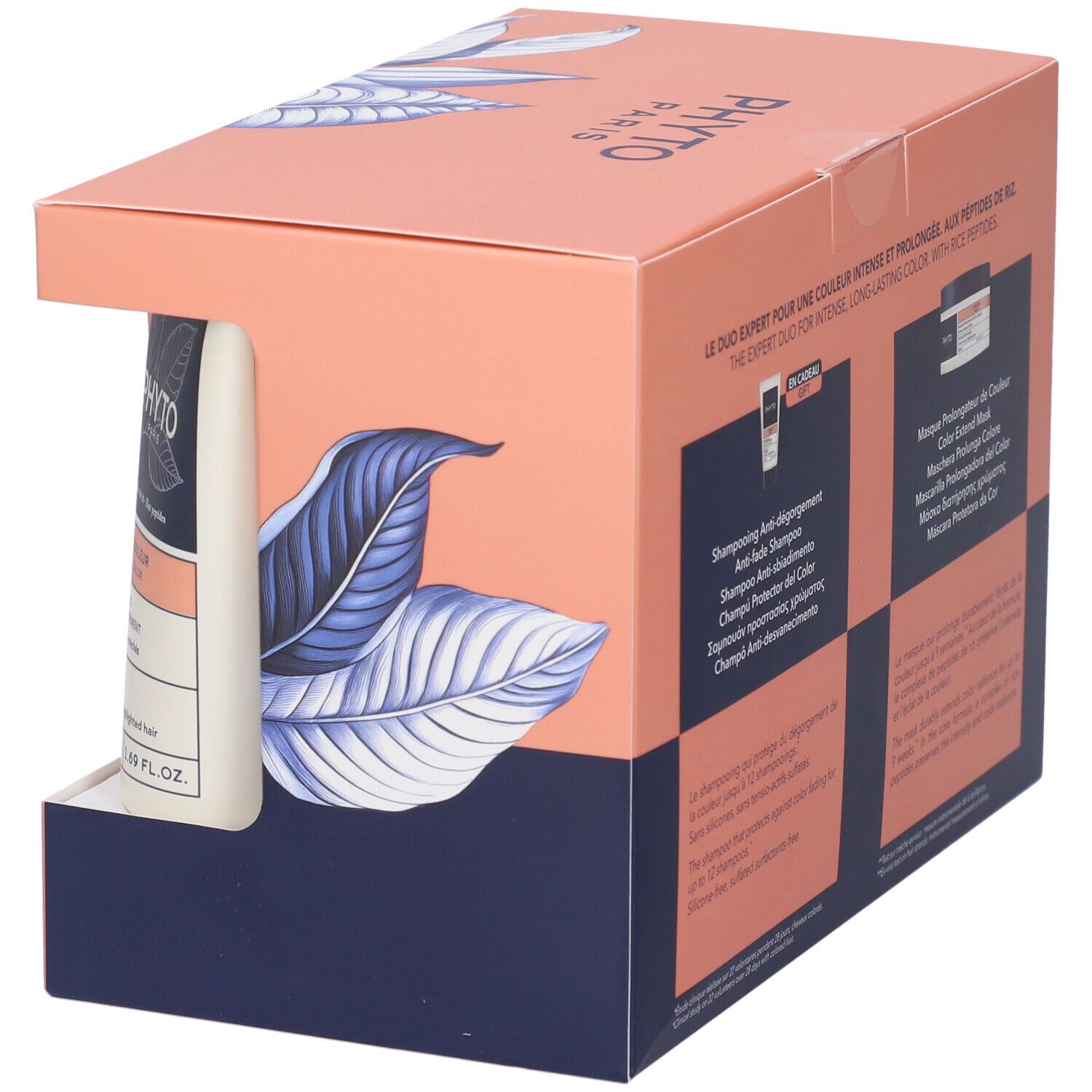 Geschenkbox, rosa und blau mit Produktnamen. Enthält Shampoo. Ansicht von der Seite.
