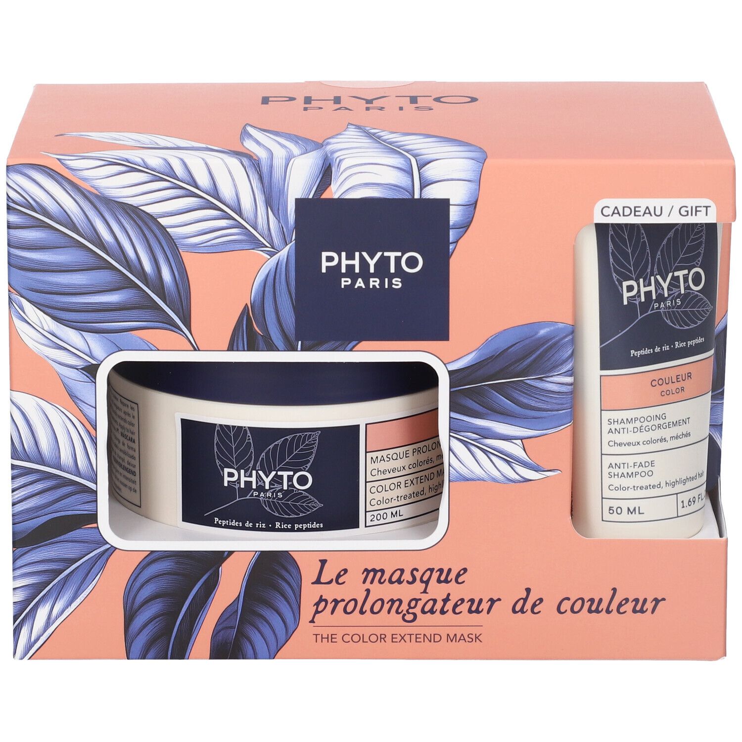 Geschenkset mit Shampoo und Maske. Rosa und blaue Verpackung. Enthält zwei Produkte.