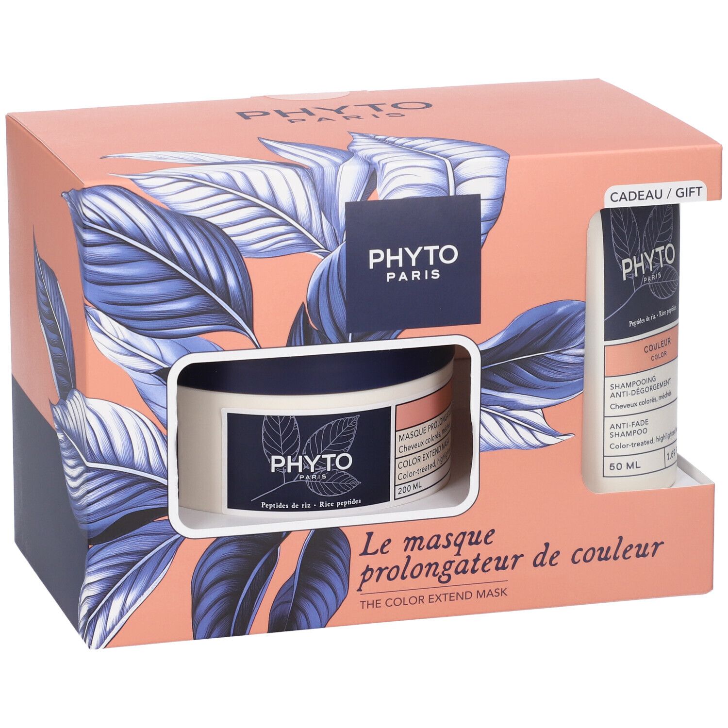 Geschenkset mit Shampoo und Maske. Rosa und blaue Verpackung. Enthält zwei Produkte.