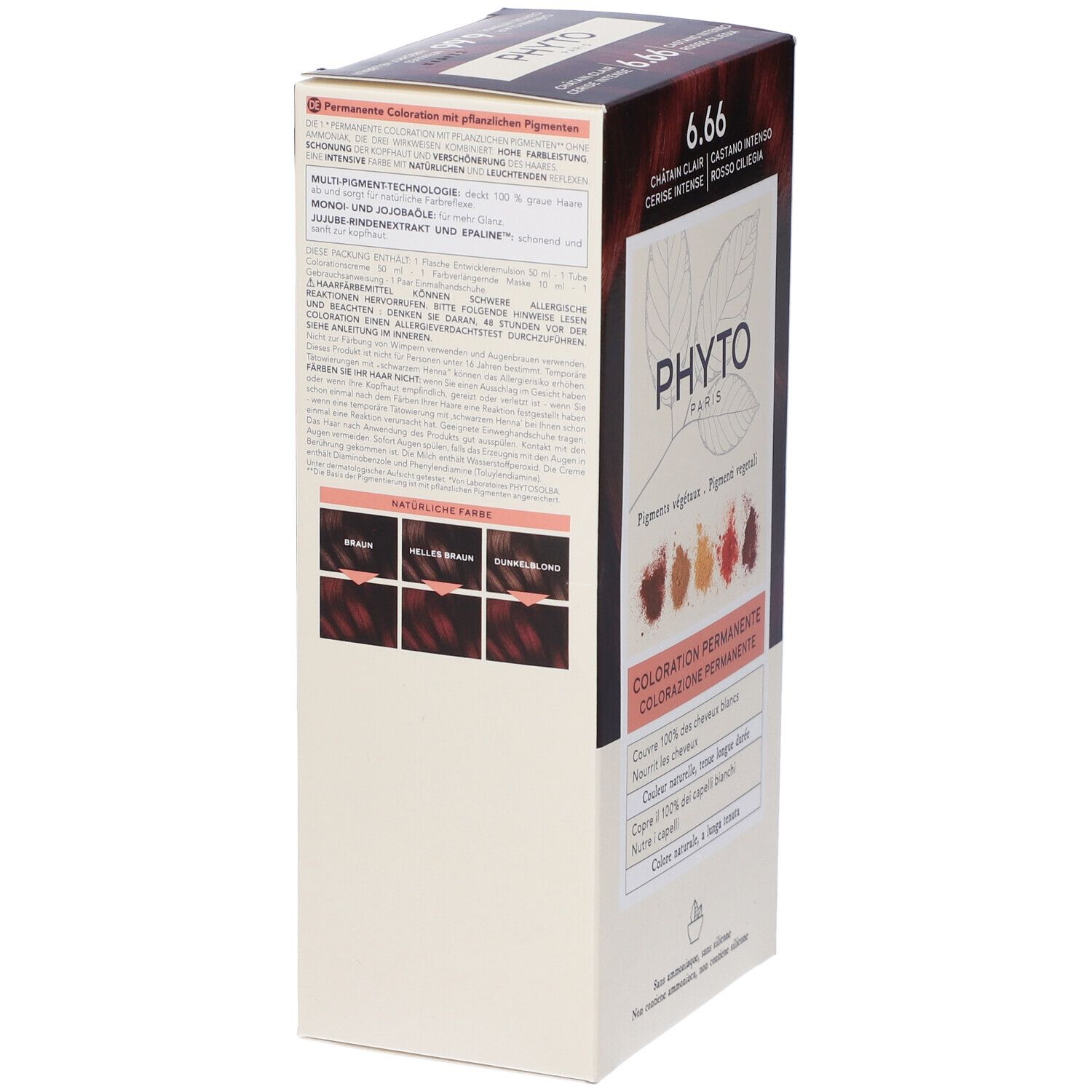 Produktverpackung, Seitenansicht. Text: 6.66, Phyto Paris. Informationen zu Inhaltsstoffen und Anwendung.