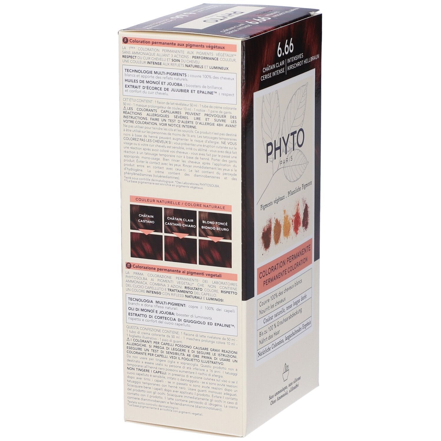 Produktverpackung, Seitenansicht. Text: 6.66, Phyto Paris. Informationen zu Inhaltsstoffen und Anwendung.