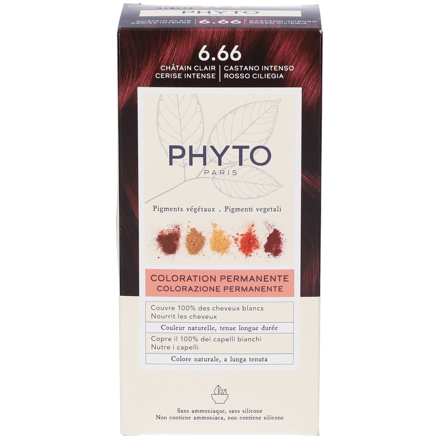Produktverpackung. Aufschrift: 6.66, Châtain Clair, Cerise Intense, Phyto Paris. Farbabbildungen.
