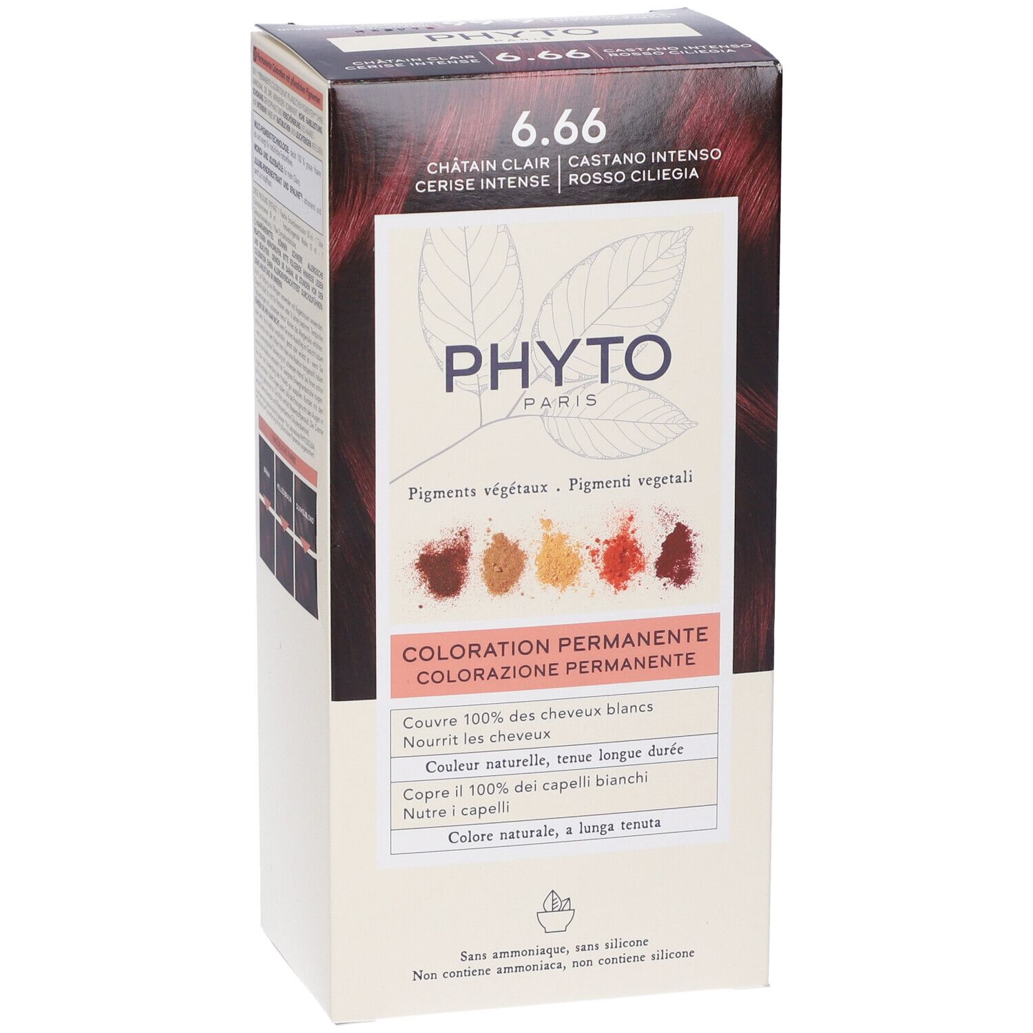 Produktverpackung. Aufschrift: 6.66, Châtain Clair, Cerise Intense, Phyto Paris. Farbabbildungen.