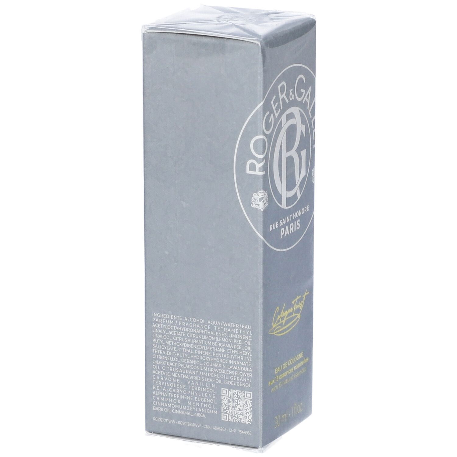 Graue Schachtel mit Produktverpackung. Aufschrift: ROGER & GALLET. Text mit Inhaltsstoffen und QR-Code. Unten: 30 ml.