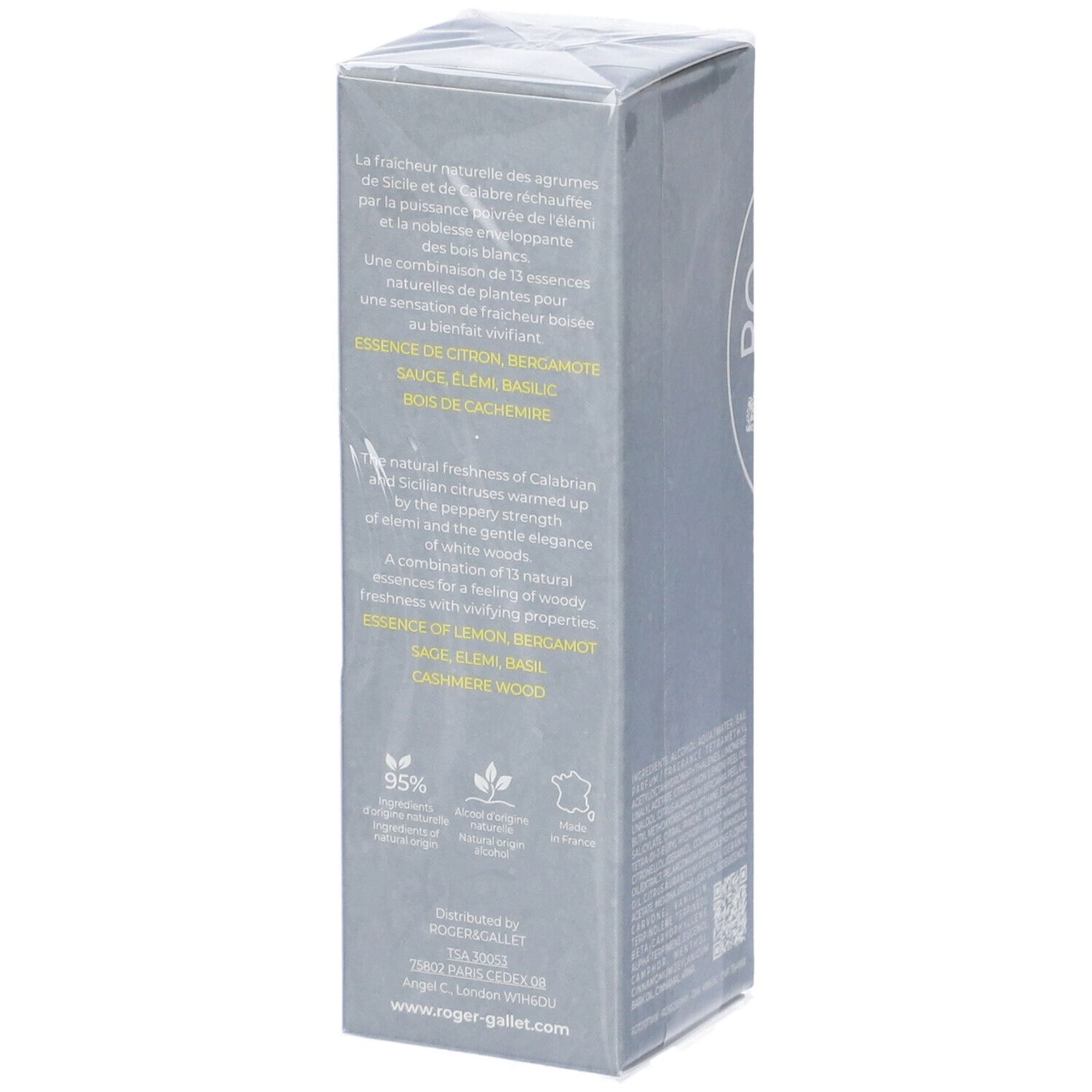 Graue Schachtel mit Produktverpackung. Text mit Inhaltsstoffen und Zertifizierungen. Aufschrift: ROGER & GALLET. Unten: www.roger-gallet.com.