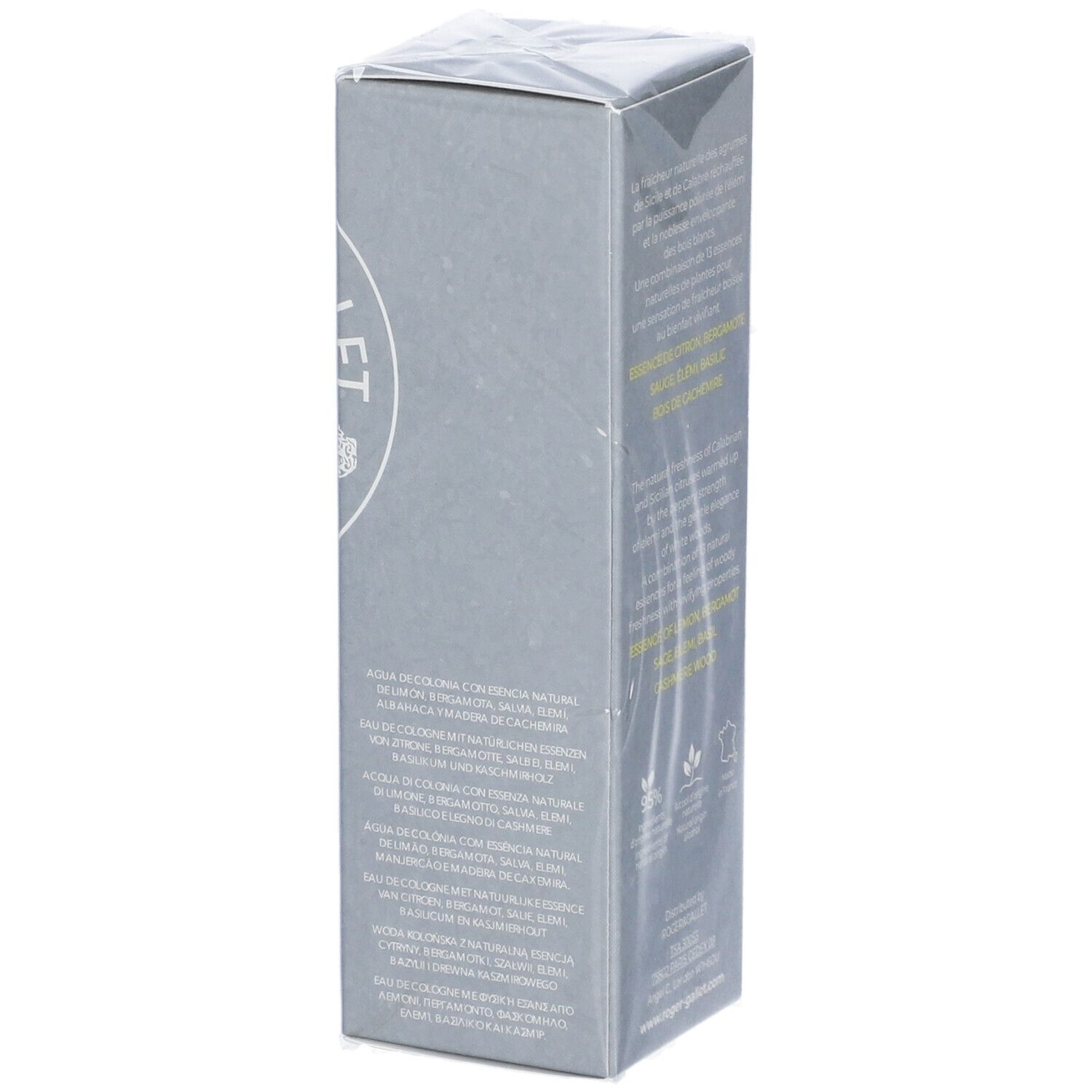 Graue Schachtel mit Produktverpackung. Text mit Inhaltsstoffen und Zertifizierungen. Aufschrift: ROGER & GALLET. Unten: www.roger-gallet.com.