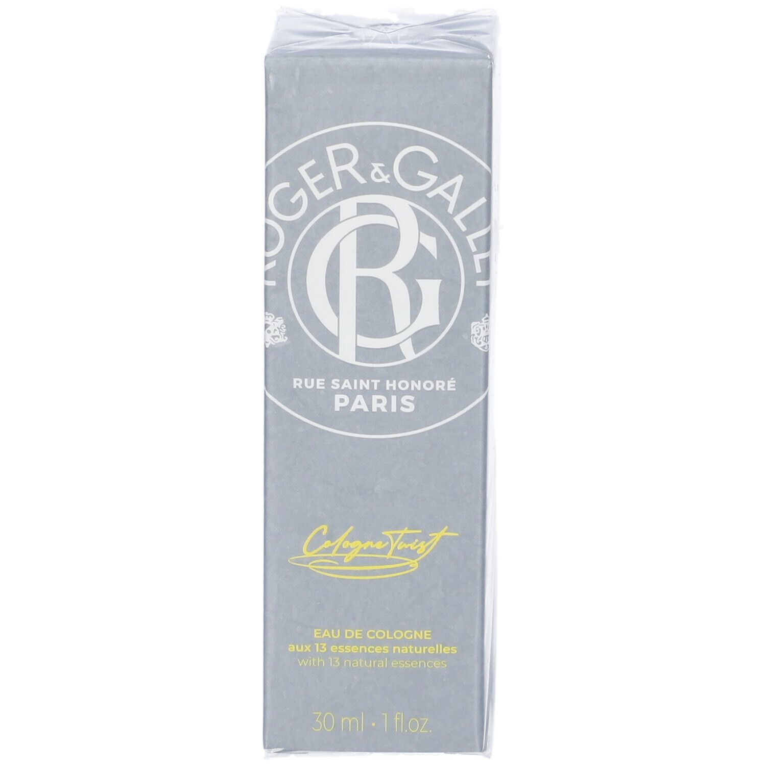 Graue Schachtel mit Produktverpackung. Aufschrift: ROGER & GALLET, Rue Saint Honoré Paris, Cologne Twist. Eau de Cologne, 30 ml.