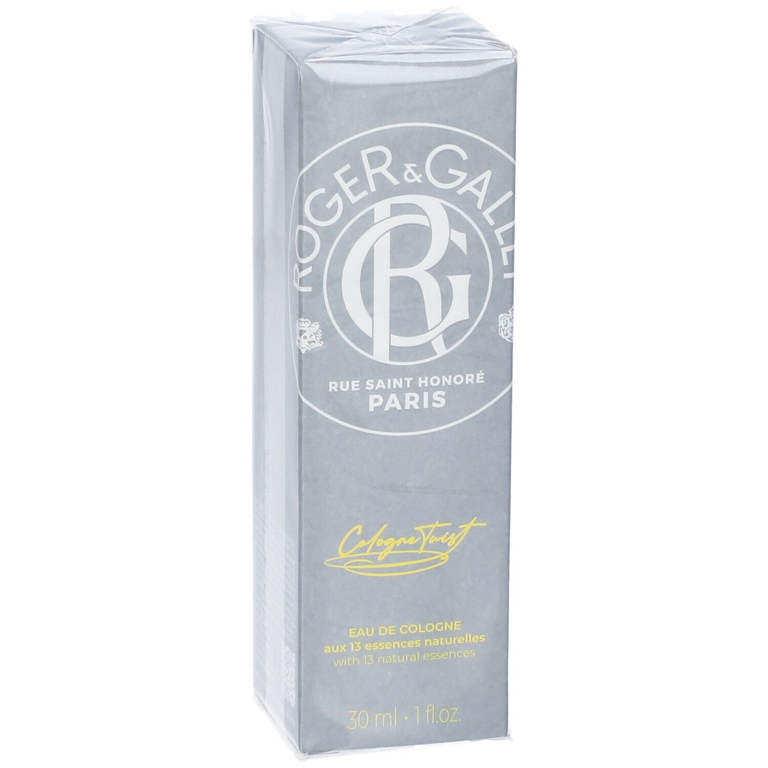 Graue Schachtel mit Produktverpackung. Aufschrift: ROGER & GALLET, Rue Saint Honoré Paris, Cologne Twist. Eau de Cologne, 30 ml.