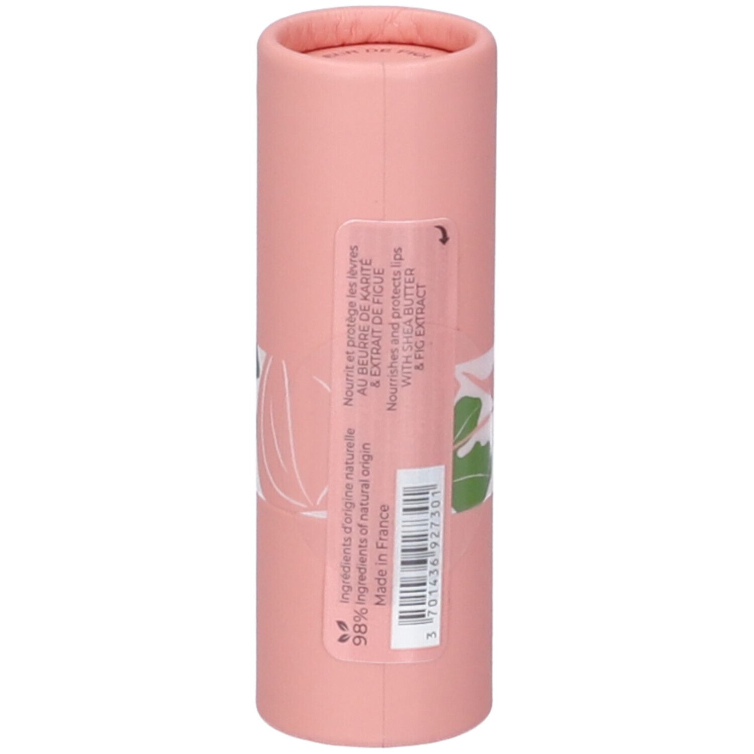 Rosa Papphülse mit Lippenpflege-Produkt. Enthält Sheabutter und Feigenextrakt.
