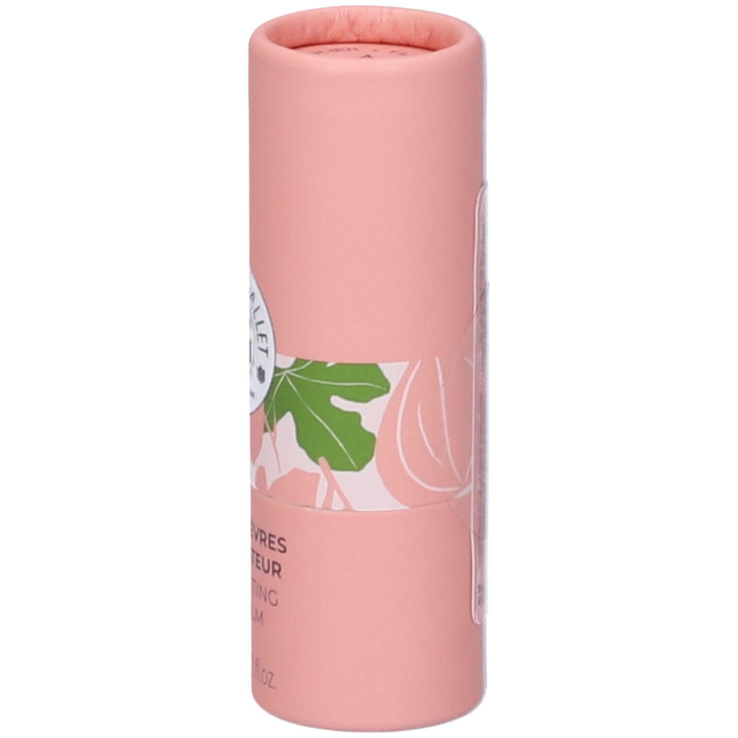 Rosa Lippenbalsam-Verpackung mit Feigenmotiv und Text.