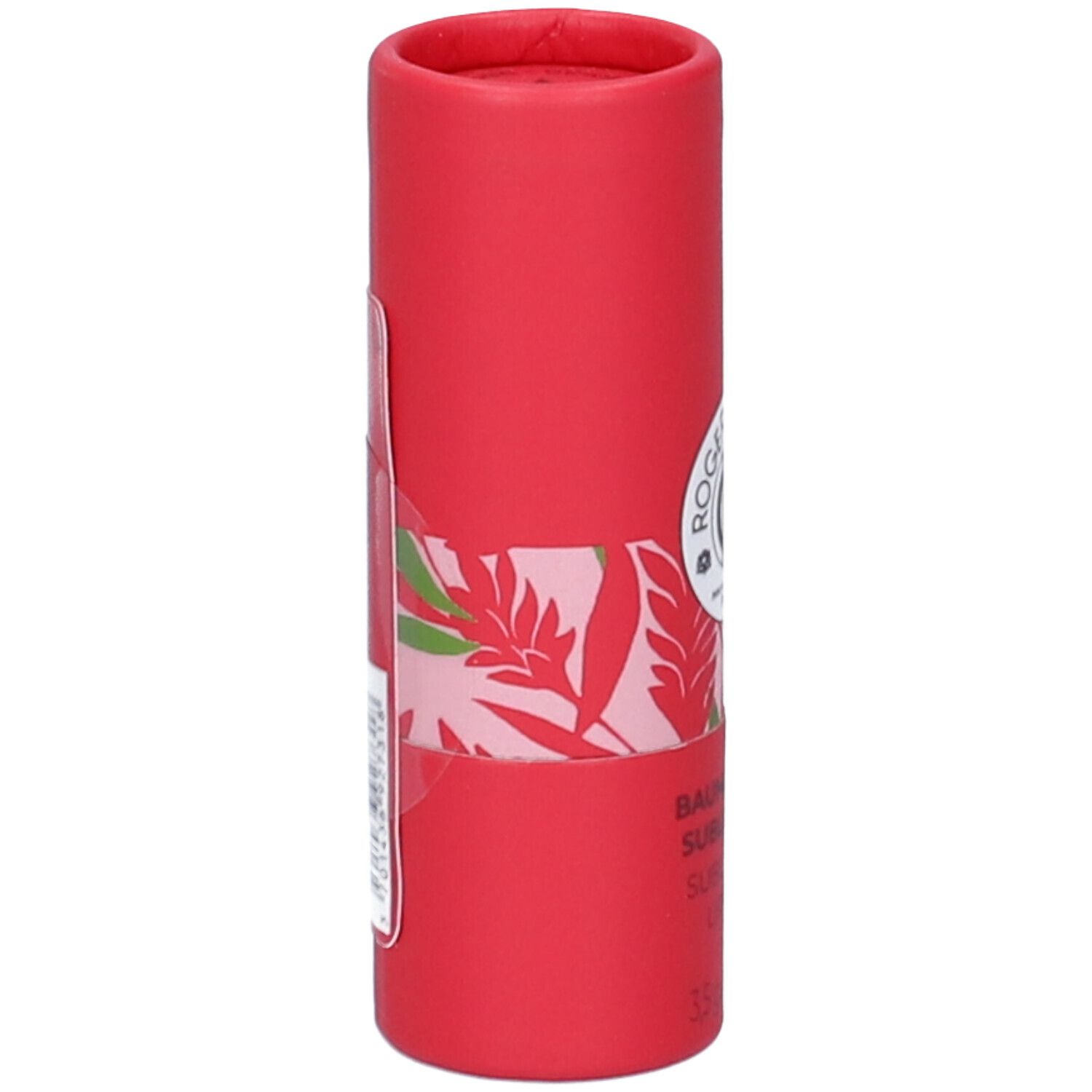 Rote zylindrische Verpackung. Aufkleber mit Inhaltsstoffen und Herkunft. 97% natürliche Inhaltsstoffe.