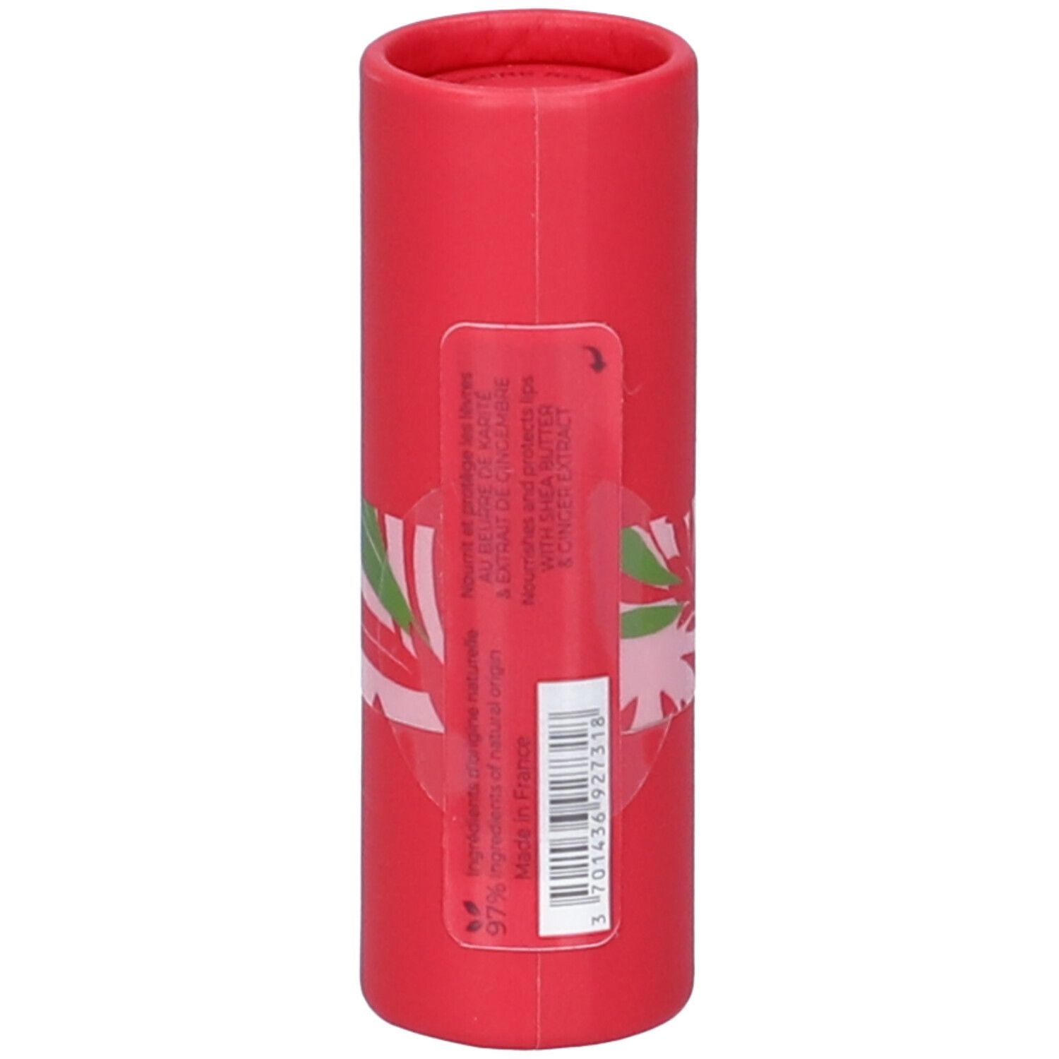 Rote zylindrische Verpackung. Aufkleber mit Inhaltsstoffen und Herkunft. Hergestellt in Frankreich.