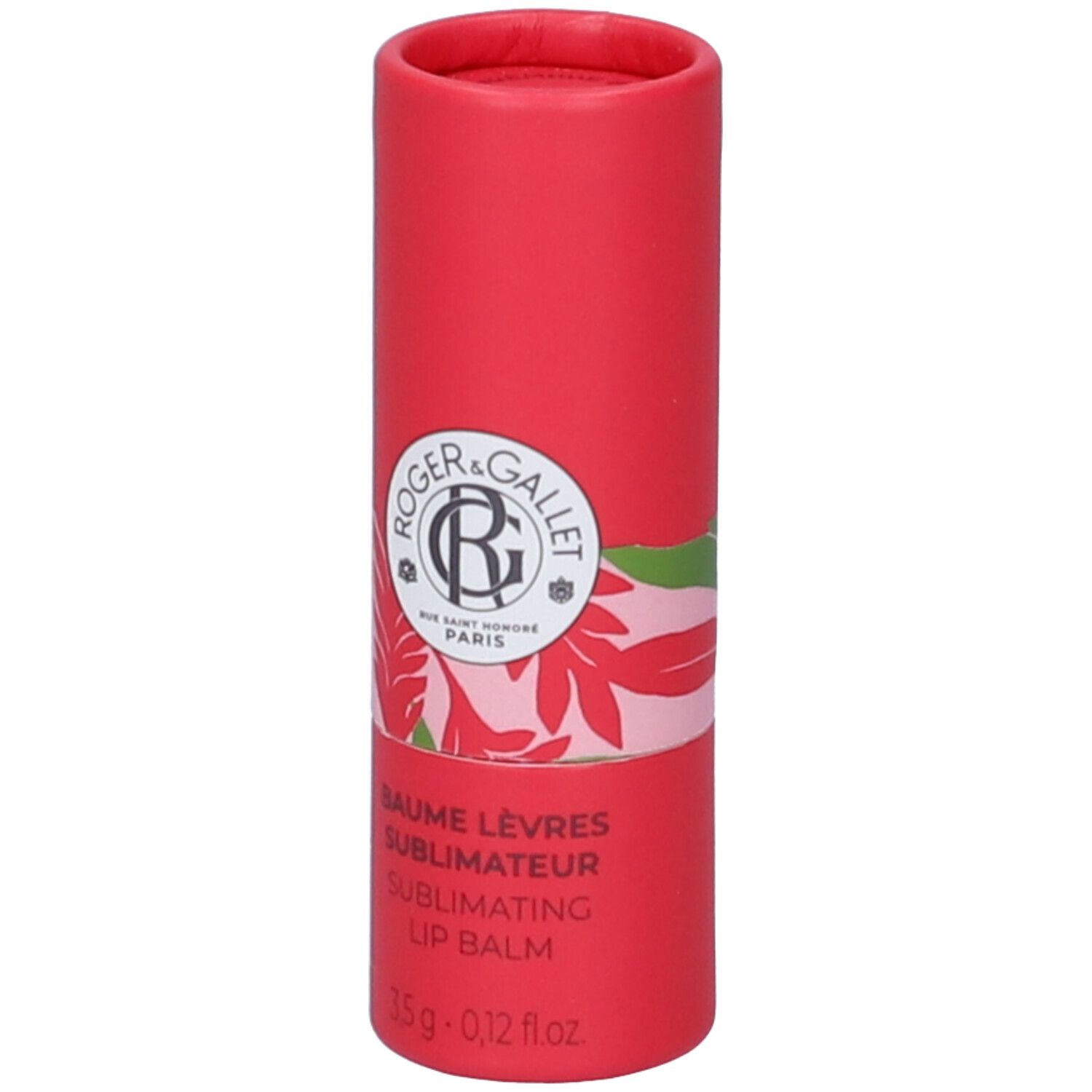 Rote zylindrische Verpackung. Logo und Produktbezeichnung: Baume Lèvres Sublimateur. 3,5g.