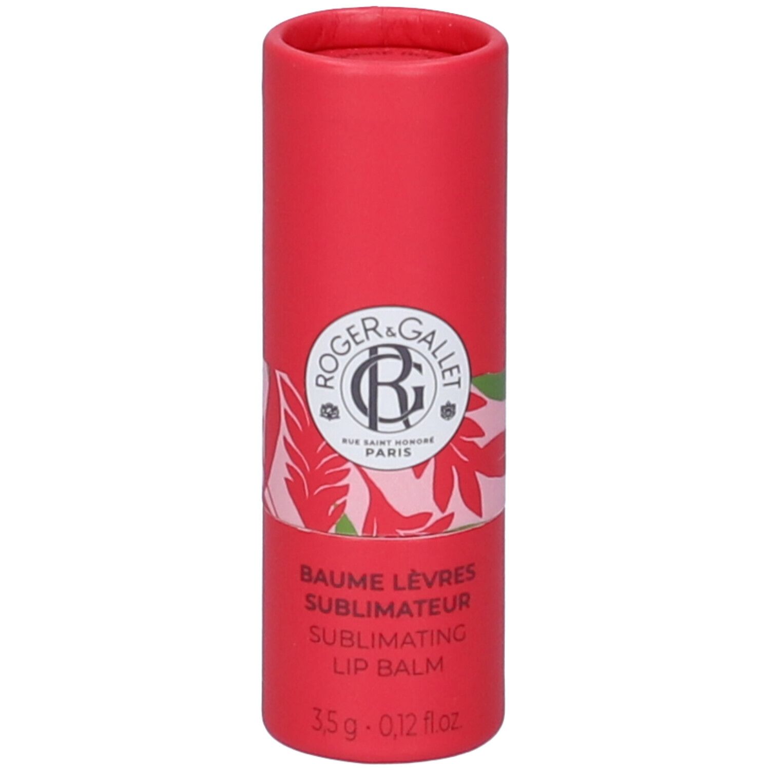 Rote zylindrische Verpackung. Logo und Produktbezeichnung: Baume Lèvres Sublimateur. 3,5g.