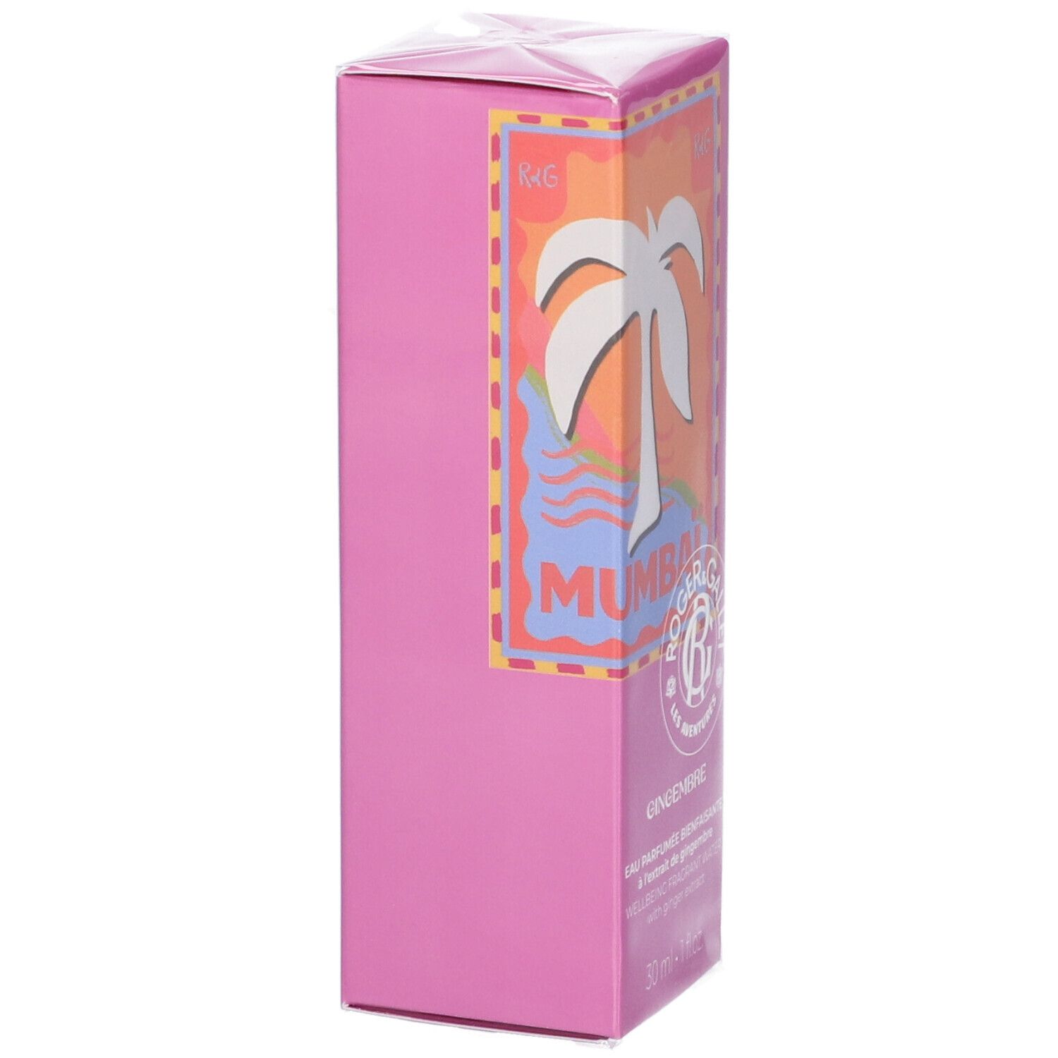 Rosa Schachtel, Seitenansicht. Oben Logo und Palmenmotiv. Text: Gingembre. Unten Text: 30 ml - 1 fl oz.