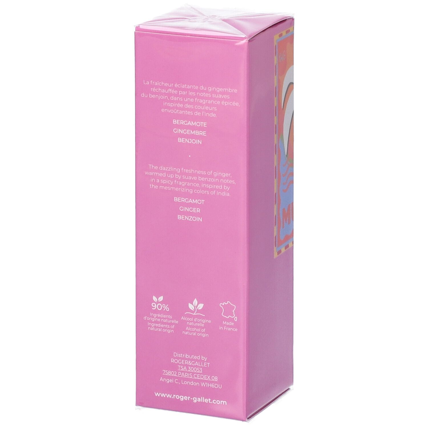 Rosa Schachtel, Rückseite. Text in mehreren Sprachen. Logos für Inhaltsstoffe und Herkunft. Text: 90% Inhaltsstoffe natürlichen Ursprungs.