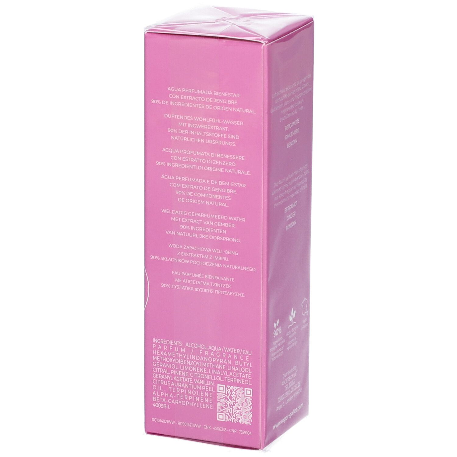 Rosa Schachtel, weitere Textinformationen. Inhaltsstoffe, QR-Code. Text: Eau Parfumée Bienfaisante à l'extrait de gingembre.