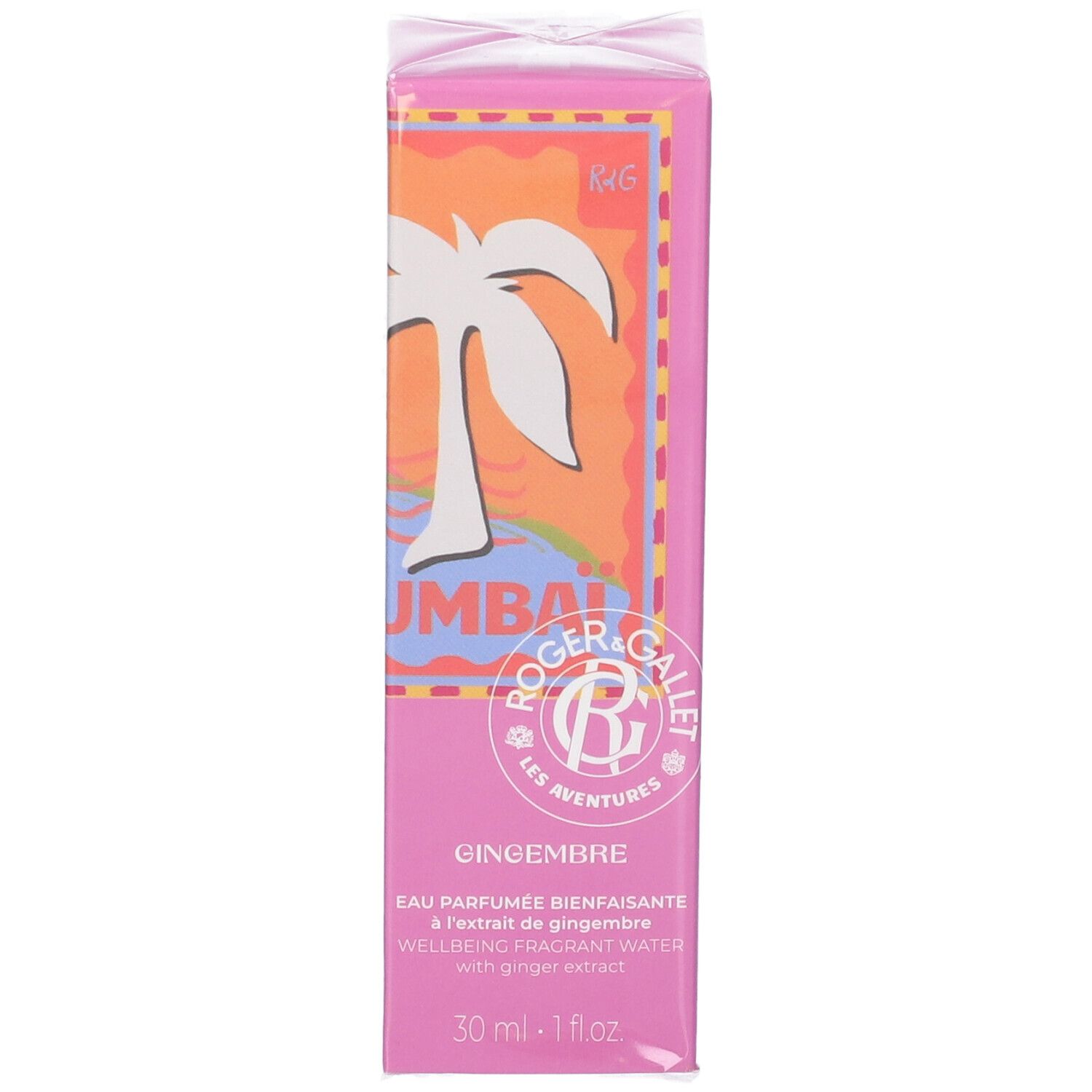 Rosa Schachtel, Frontansicht. Logo und Palmenmotiv. Text: Gingembre, Eau Parfumée Bienfaisante. 30 ml - 1 fl oz.