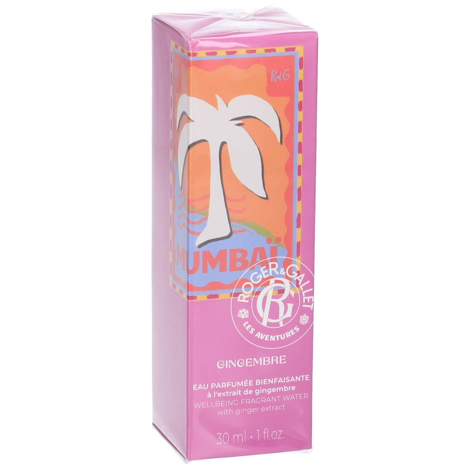 Rosa Schachtel, Frontansicht. Logo und Palmenmotiv. Text: Gingembre, Eau Parfumée Bienfaisante. 30 ml - 1 fl oz.