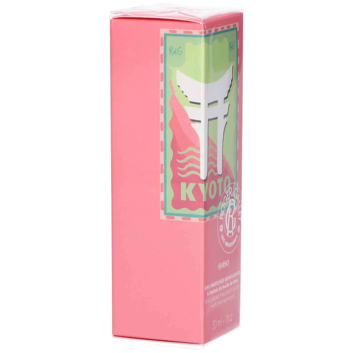 Rosa Schachtel mit weißem Schriftzug und grünem Hintergrund. Text: Kyoto, Shiso, Roger & Gallet. 30 ml.