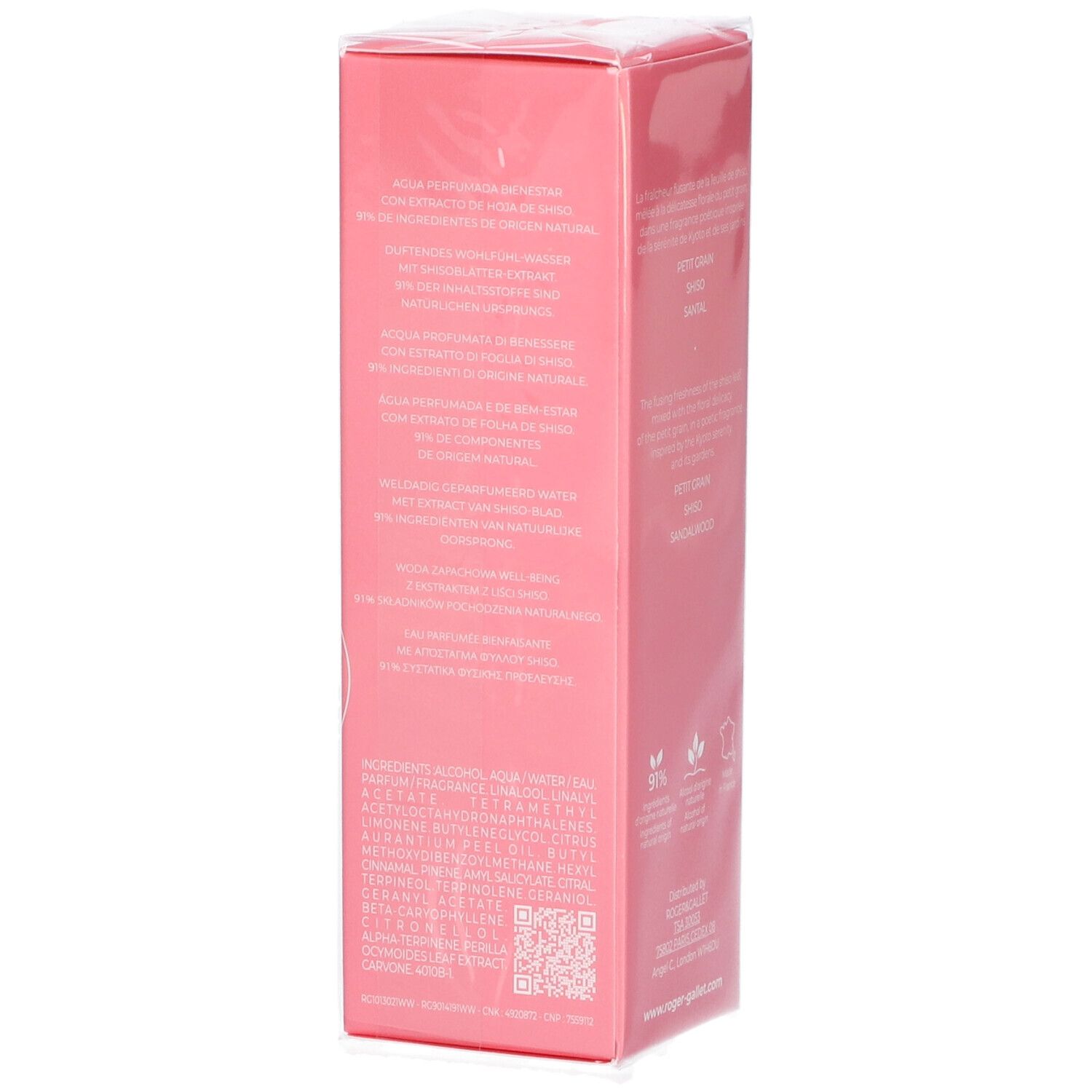 Rosa Schachtel mit Text. Text: Inhaltsstoffe, QR-Code, Logo. Hergestellt in Frankreich. www.roger-gallet.com.