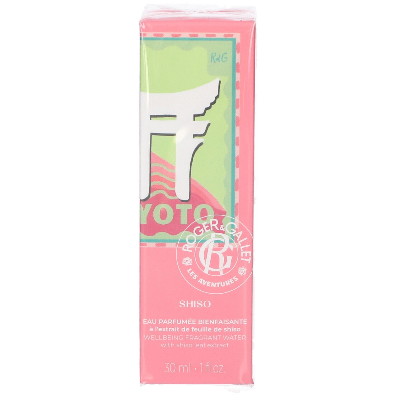 Rosa Schachtel mit weißem Schriftzug und grünem Hintergrund. Text: Kyoto, Shiso, Roger & Gallet. 30 ml.