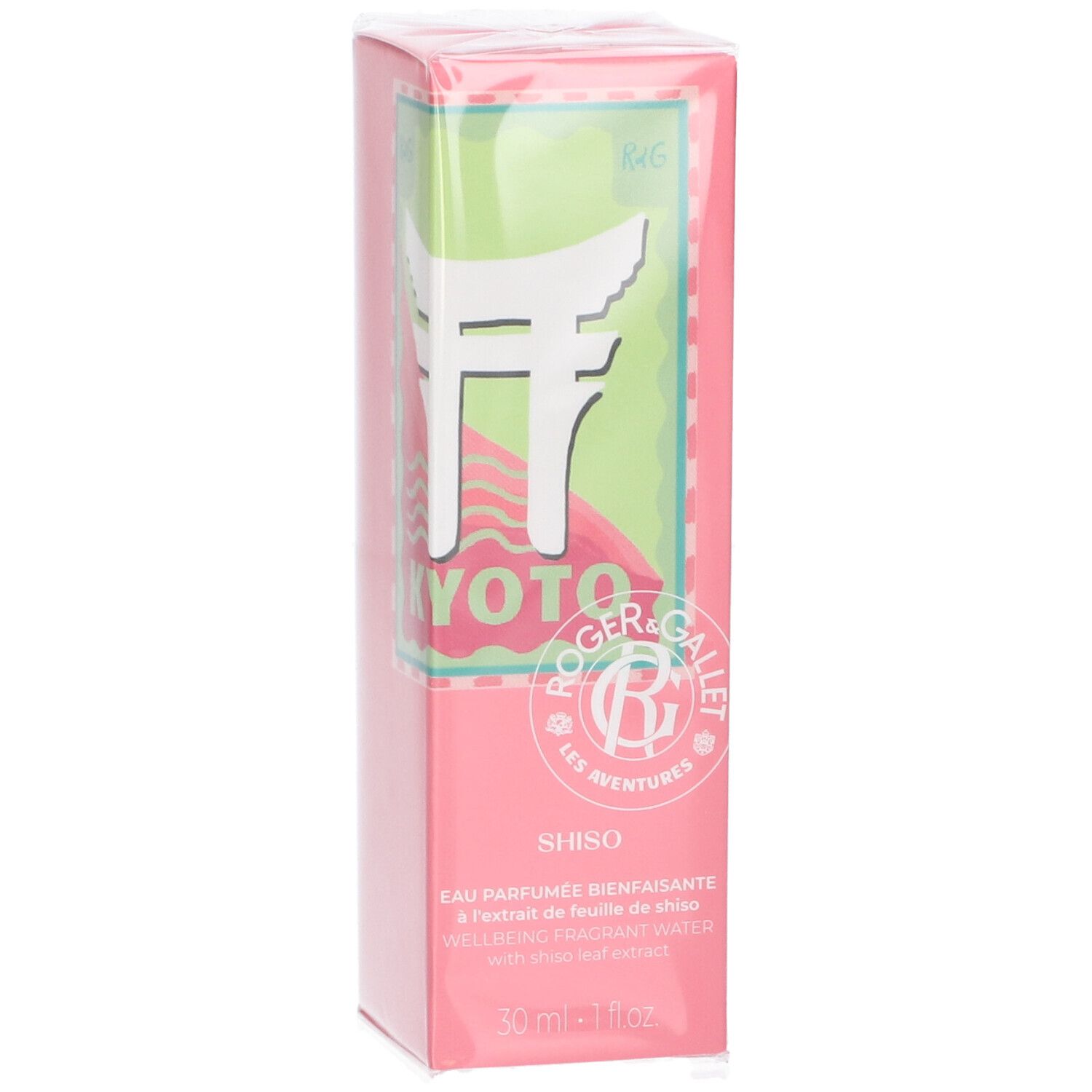 Rosa Schachtel mit weißem Schriftzug und grünem Hintergrund. Text: Kyoto, Shiso, Roger & Gallet. 30 ml.