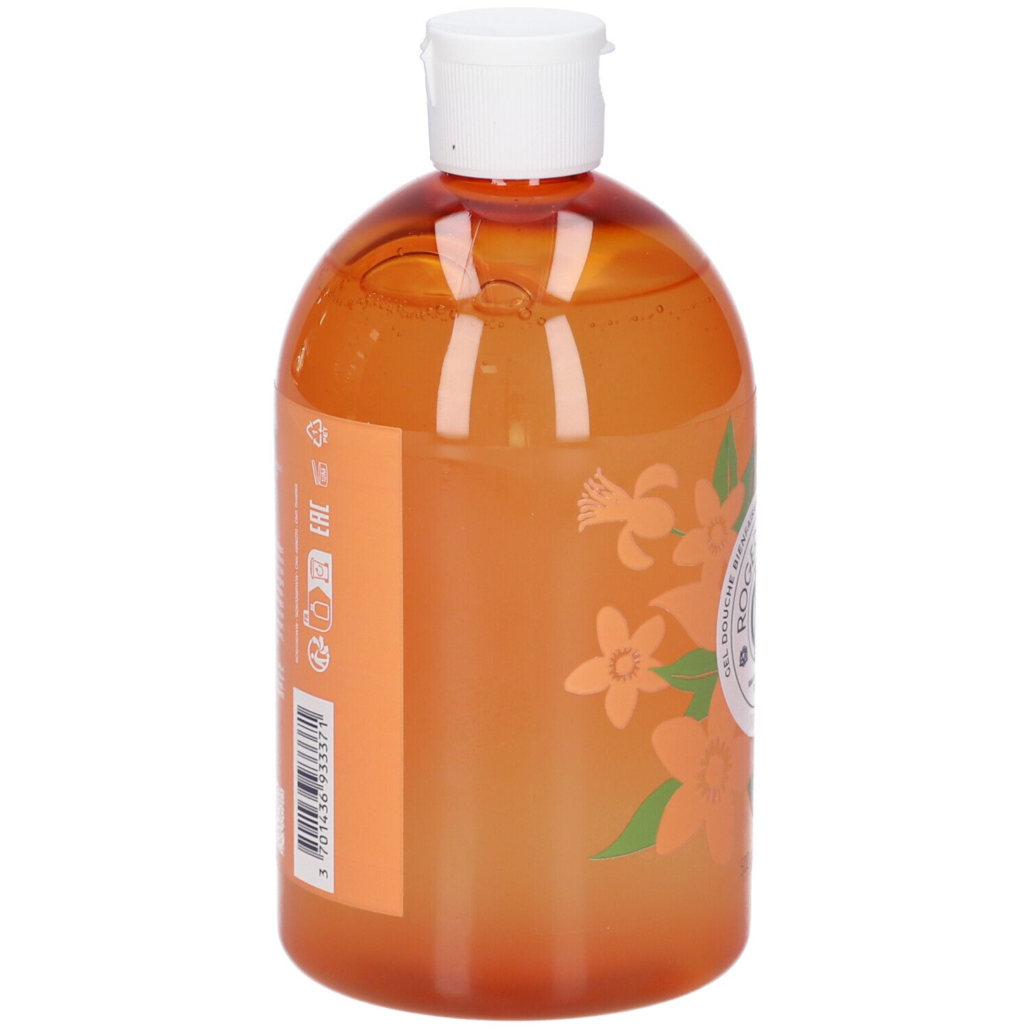 Rückseite der orangefarbenen Flasche mit weißem Deckel. Text und Barcode.