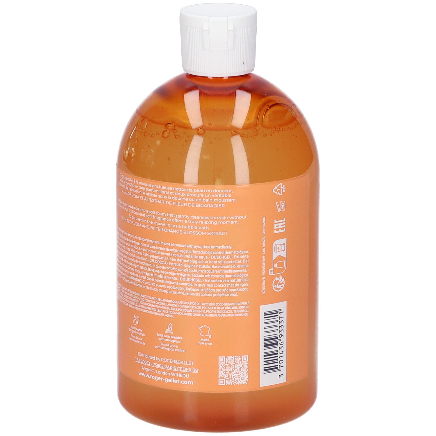 Rückseite der orangefarbenen Flasche mit weißem Deckel. Text, Barcode und Logos.