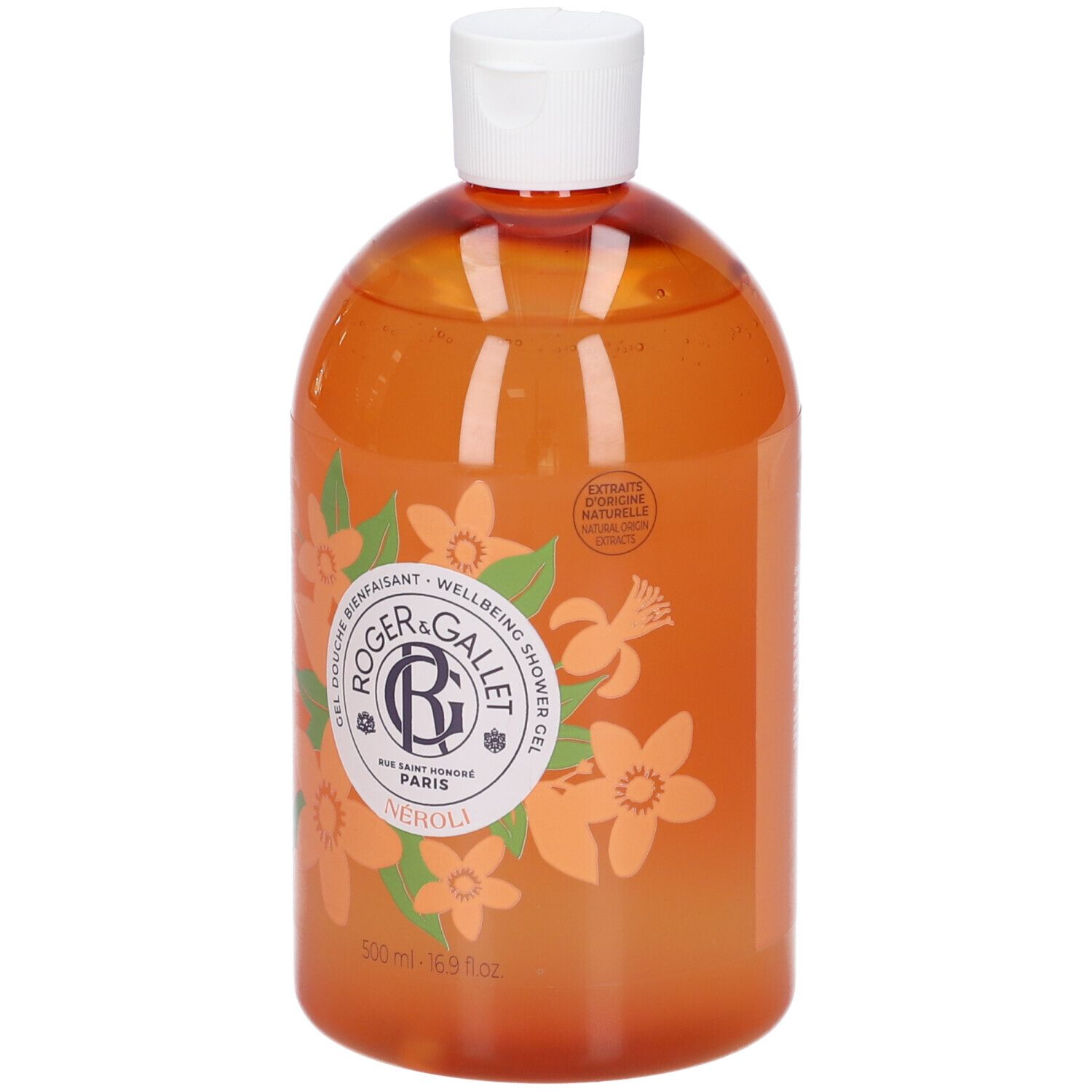 Orangefarbene Flasche mit weißem Deckel. Aufschrift: Roger & Gallet, Neroli. Floral-Dekor.