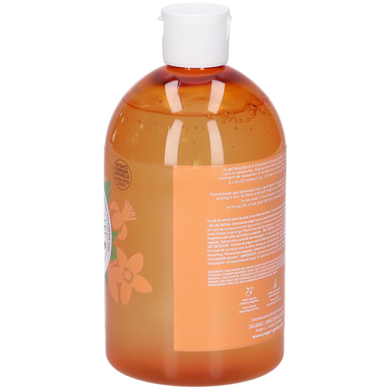 Rückseite der orangefarbenen Flasche mit weißem Deckel. Text, Barcode und Logos.