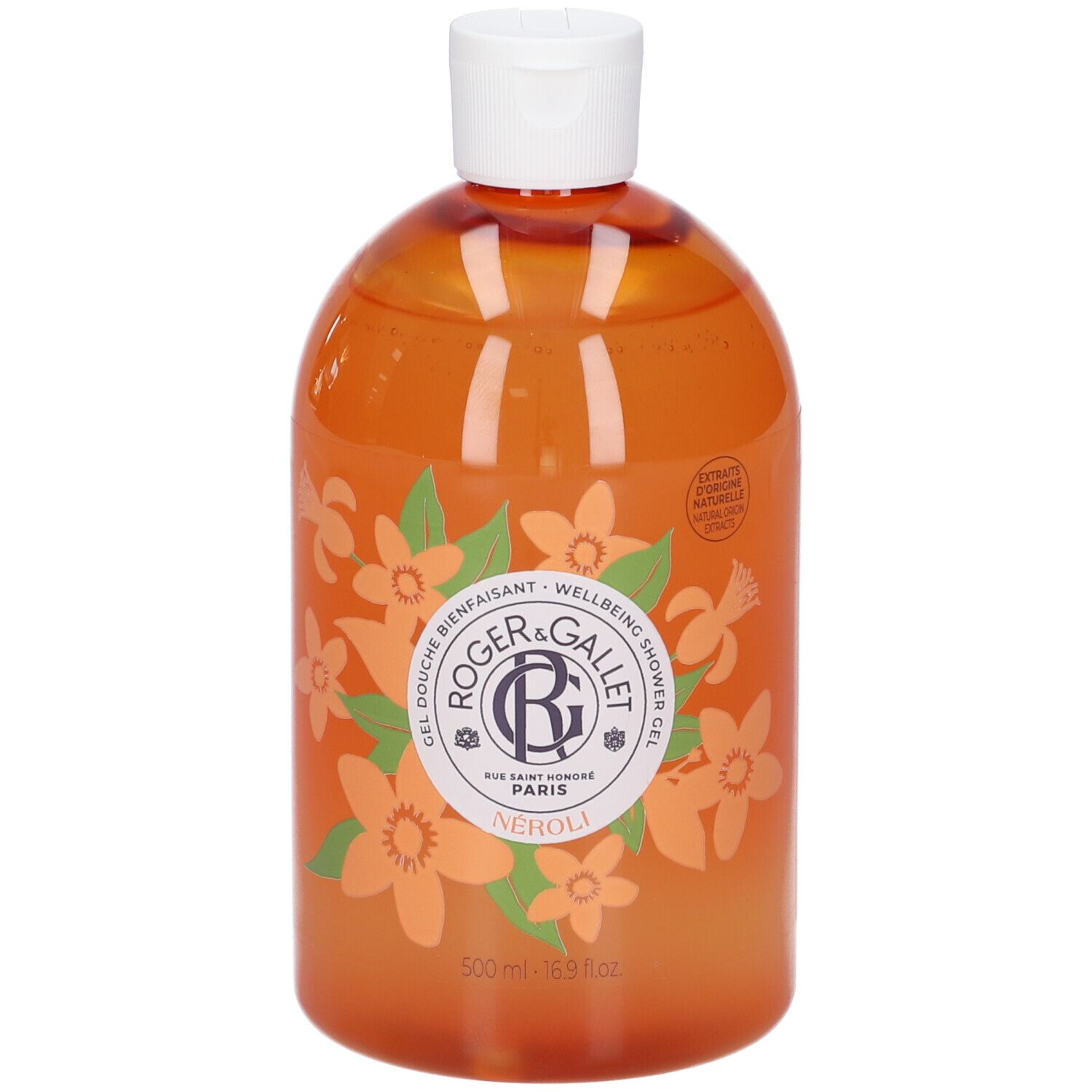 Orangefarbene Flasche mit weißem Deckel. Aufschrift: Roger & Gallet, Neroli. Floral-Dekor.