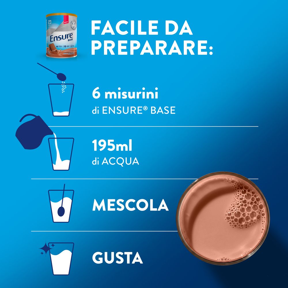 Istruzioni per la preparazione della bevanda al cioccolato Ensure Base.