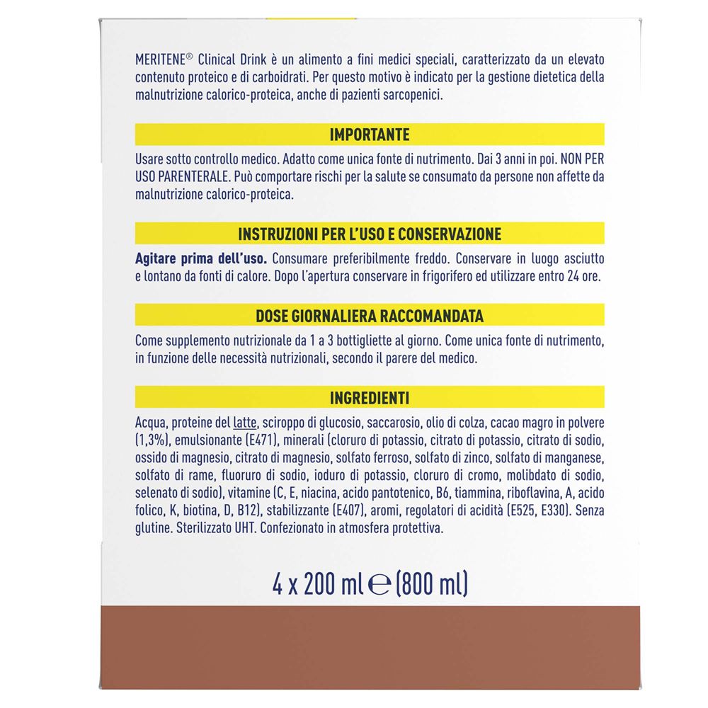Retro confezione Meritene Clinical Drink. Testo in italiano. Ingredienti, dosaggio, informazioni importanti.