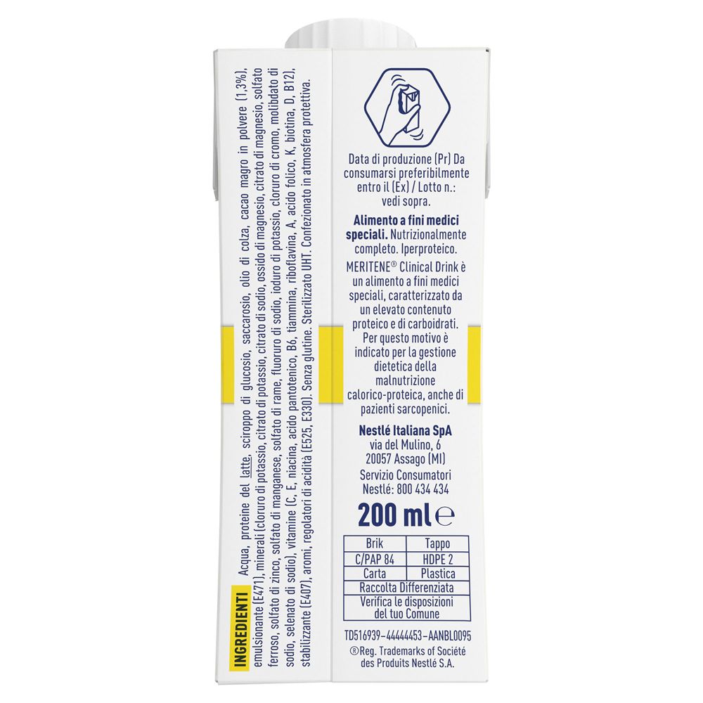 Retro brick Meritene Clinical Drink. Testo in italiano. Ingredienti, informazioni produttore.