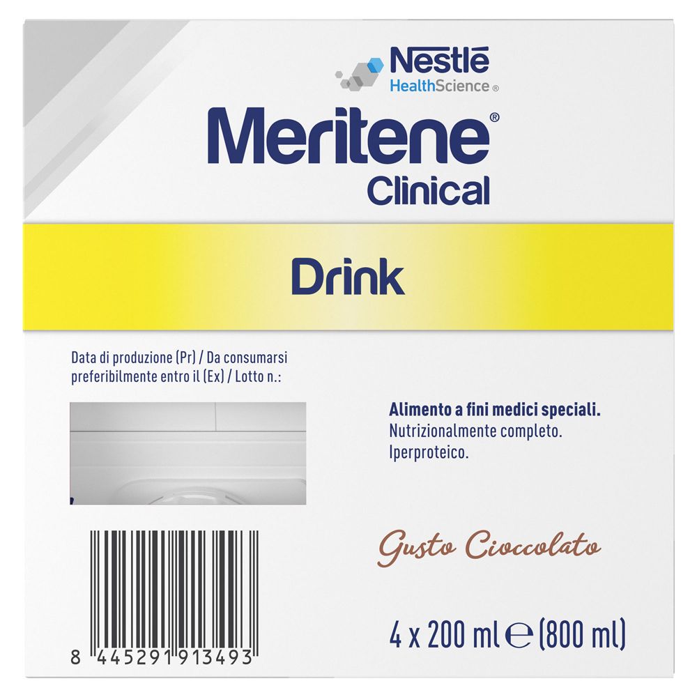 Retro confezione Meritene Clinical Drink. Testo in italiano. Data di scadenza, informazioni produttore.