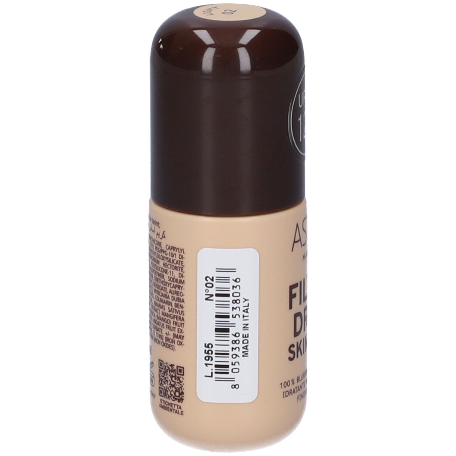 Fondotinta liquido in flacone beige con tappo marrone. Etichetta con 'N°02' e 'MADE IN ITALY'.
