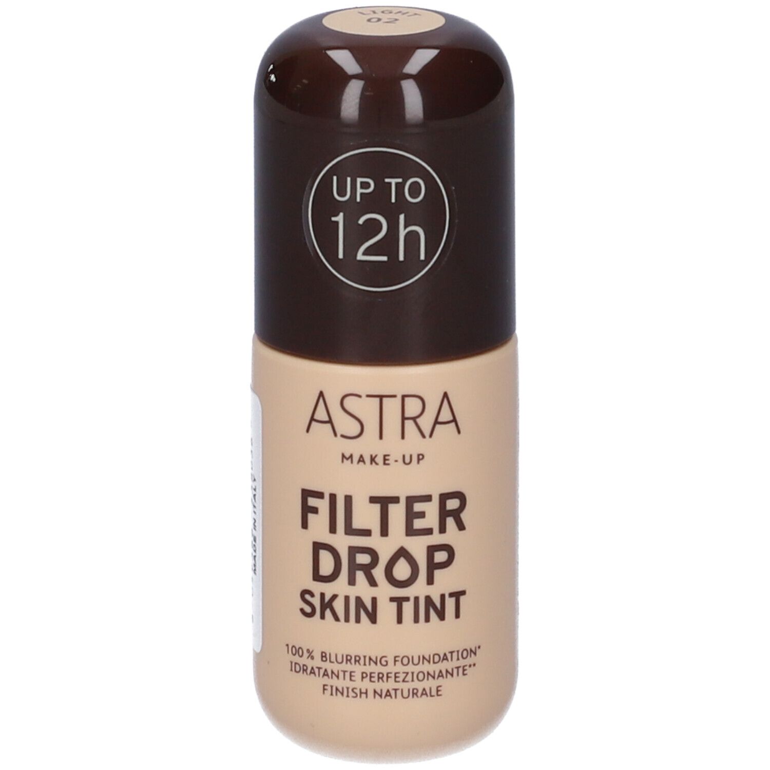Fondotinta Astra Make-Up Filter Drop Skin Tint in flacone beige con tappo marrone. Scritte: "UP TO 12h", "FILTER DROP SKIN TINT".