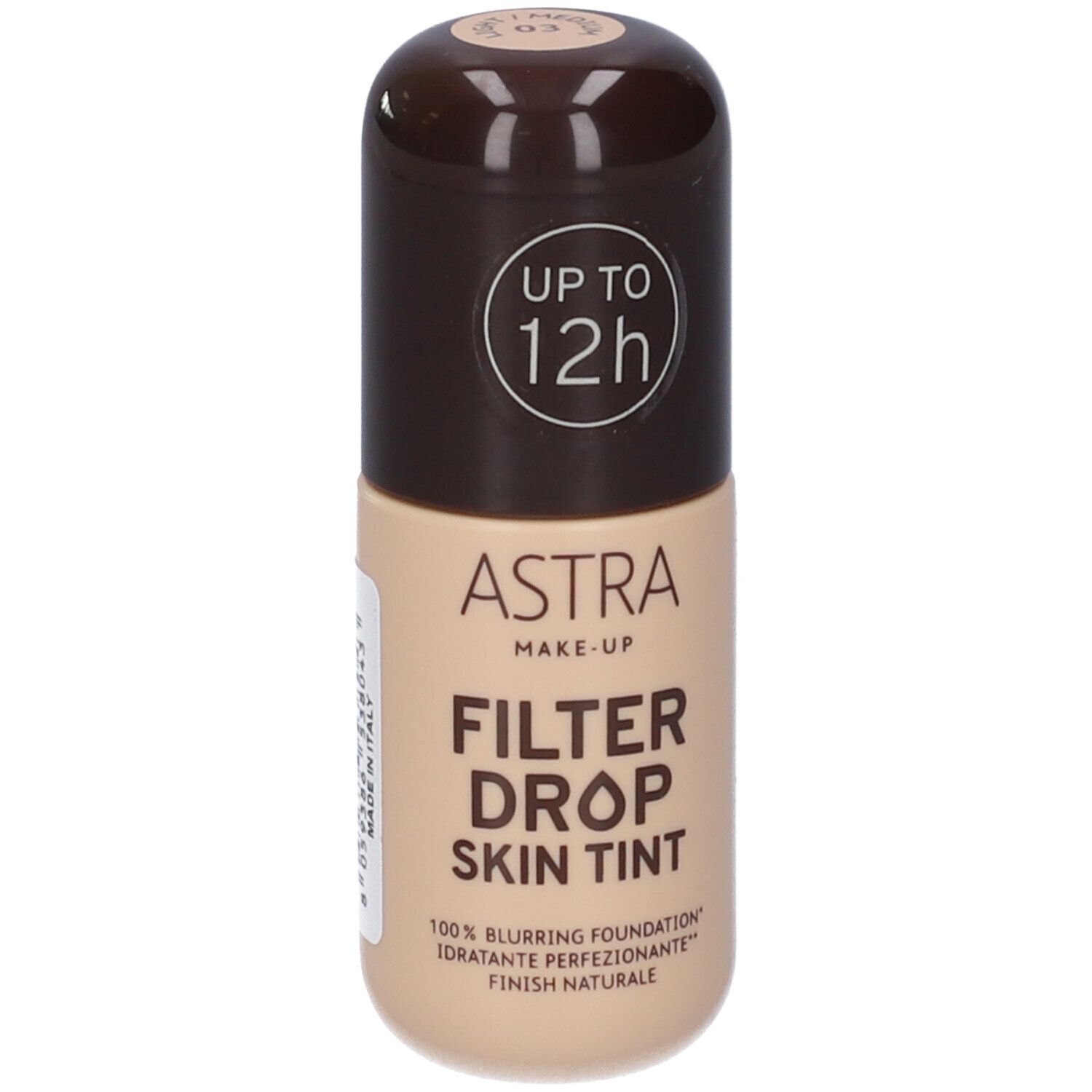 Astra Make-Up Filter Drop Skin Tint Fondotinta tonalità chiara. Flacone con tappo marrone, durata 12h.