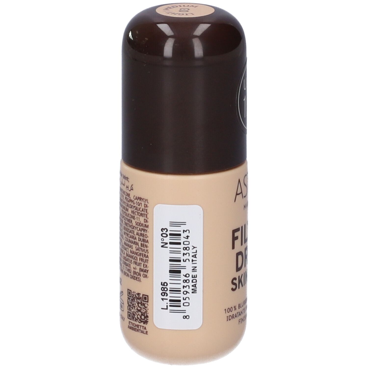 Flacone di fondotinta liquido con tappo marrone ed etichetta che indica 'FILLER DRY SKIN' e 'MADE IN ITALY'.