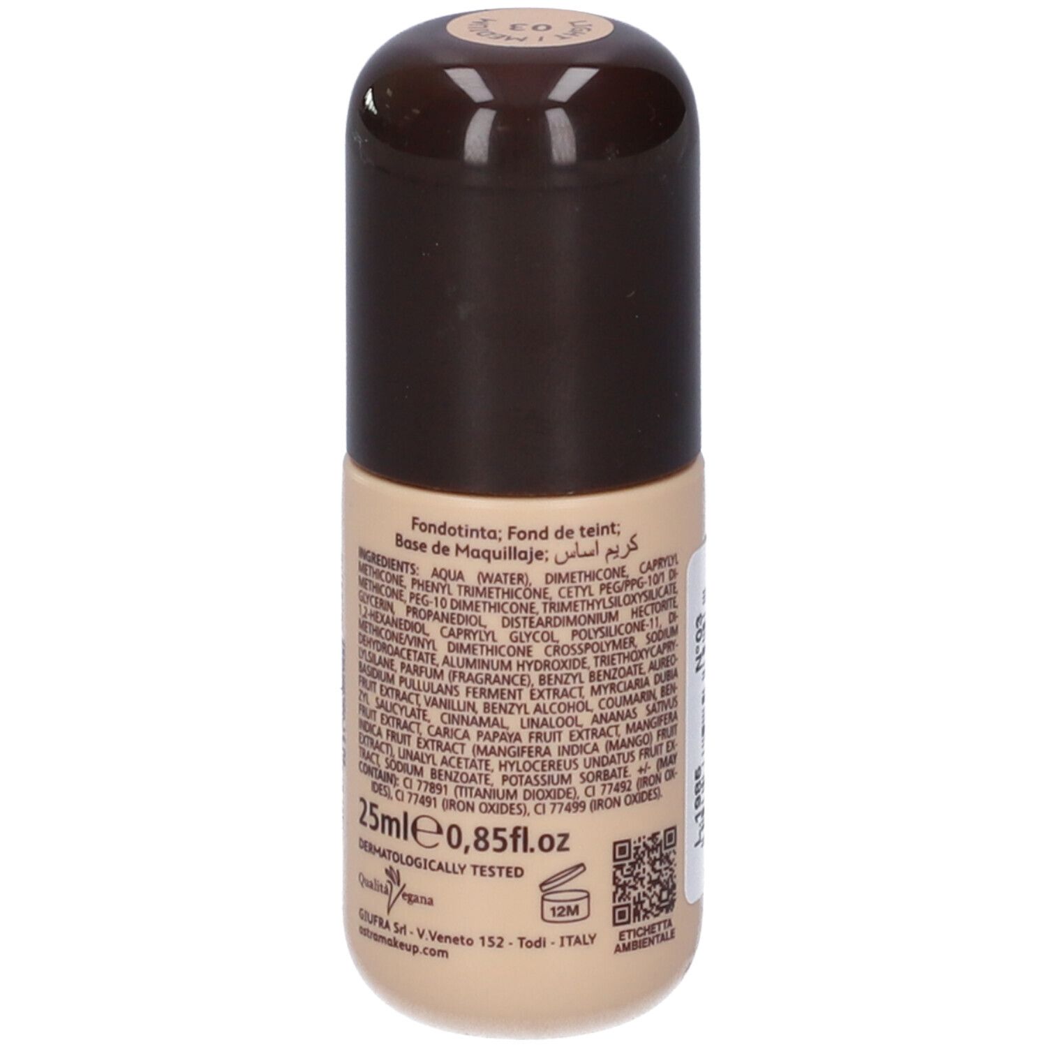 Flacone di fondotinta liquido, 25ml, con tappo marrone.