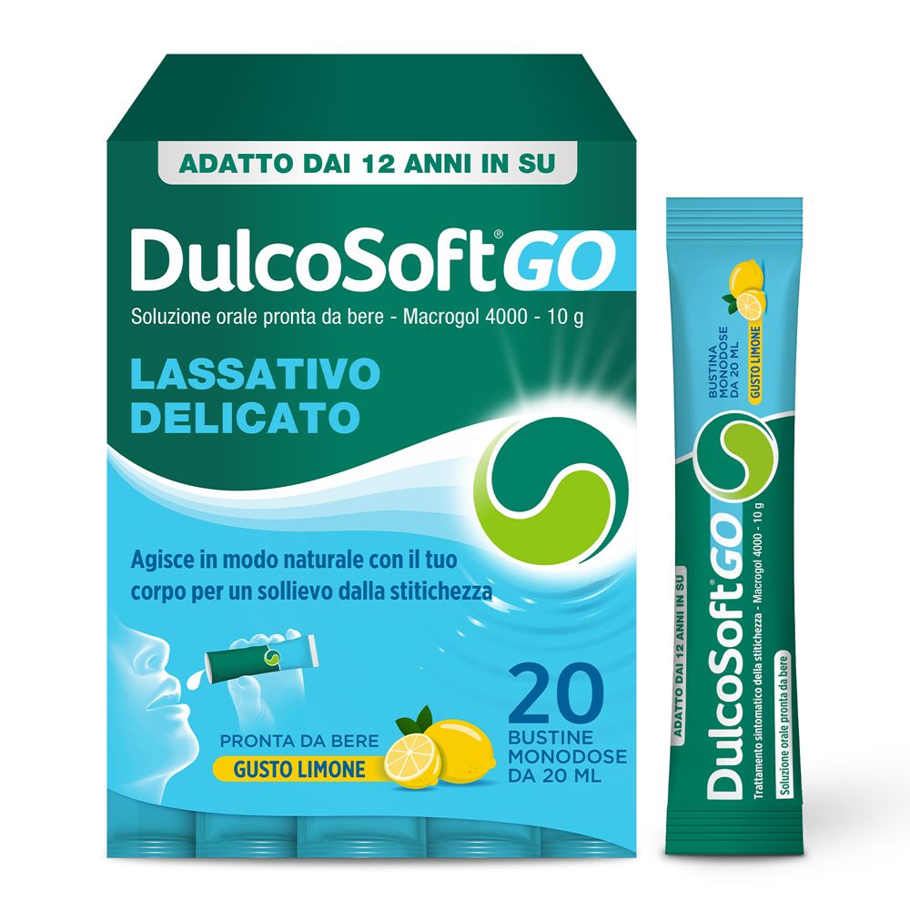 DulcoSoft GO Lassativo Delicato con Macrogol 4000, 20 Stick, Soluzione Orale Stitichezza, Intestino Pigro, Favorisce Regolarità Intestinale, Senza Zucchero Glutine Lattosio, Gusto Limone