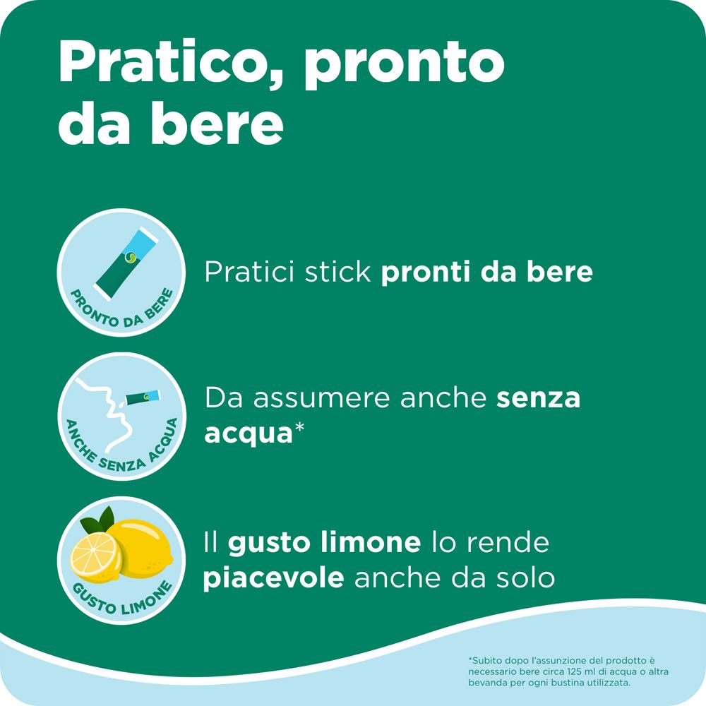 Stick pratici da bere, gusto limone, assumibili anche senza acqua.